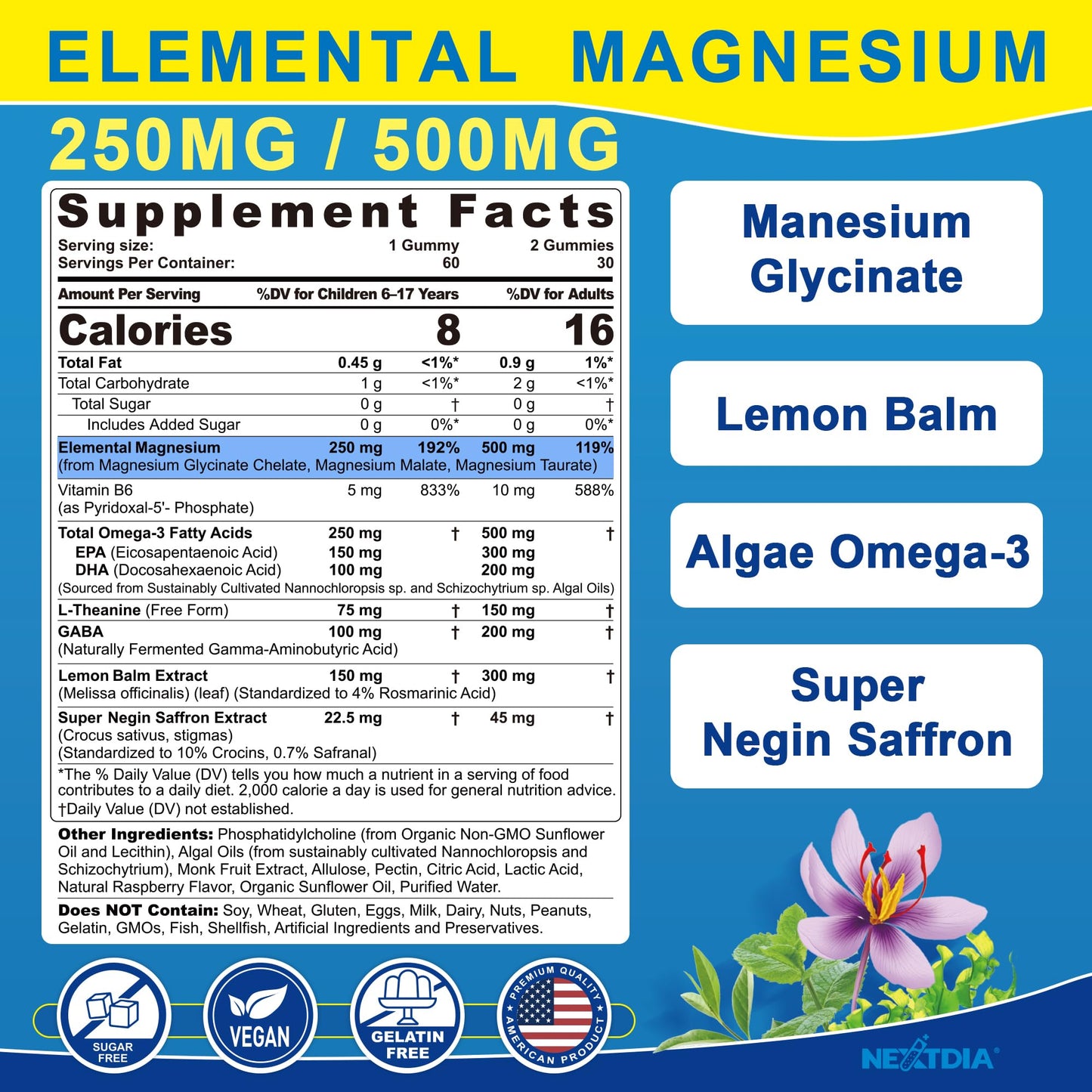 Nextdia Magnesium Glycinate Calm Focus Gummies with Omega-3 + Saffron for Kids 6+ & Adults, Triple Complex Magnesium 500mg/250mg (Glycinate, Malate, Taurate) with Theanine, B6, GABA, Lemon Balm, Sugar Free, 120 Gummies