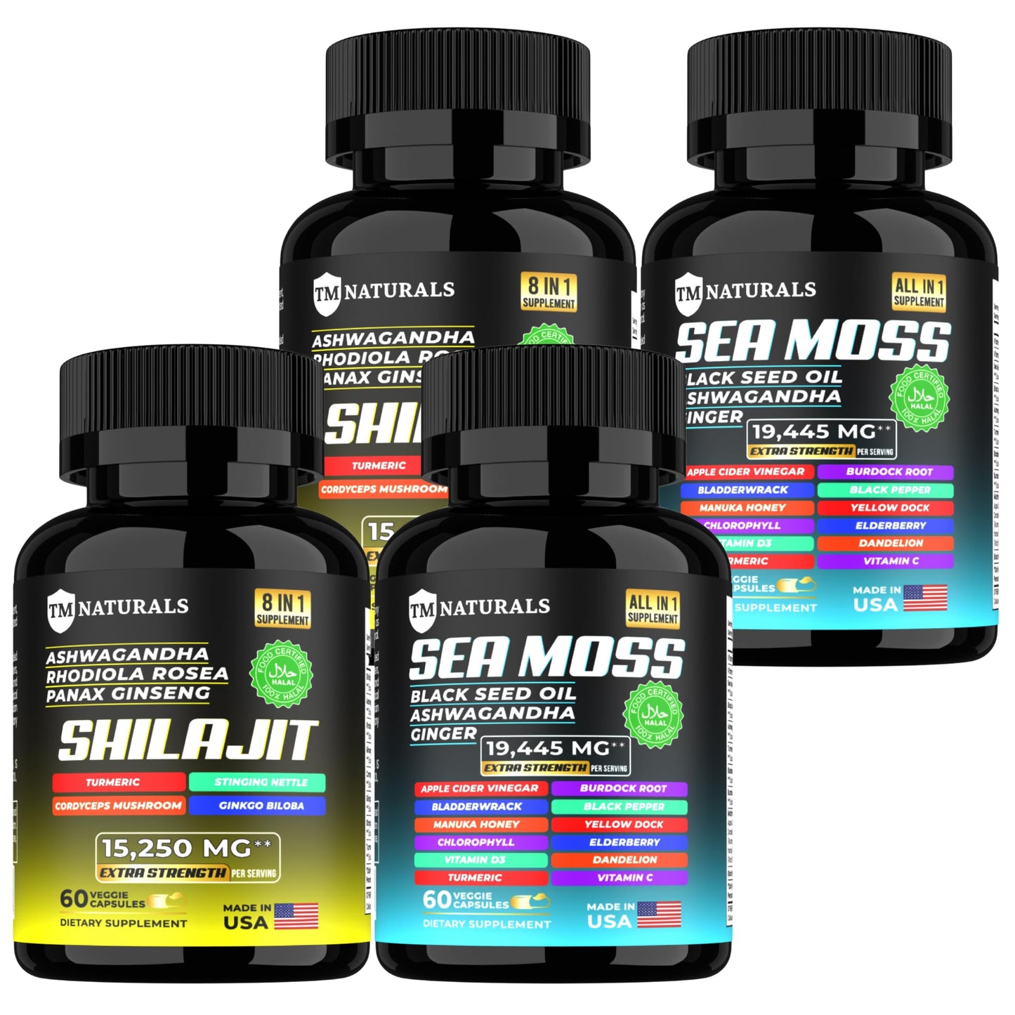 TM NATURALS Sea Moss Black Seed Oil Ashwagandha Ginger Capsules 240 Capsules