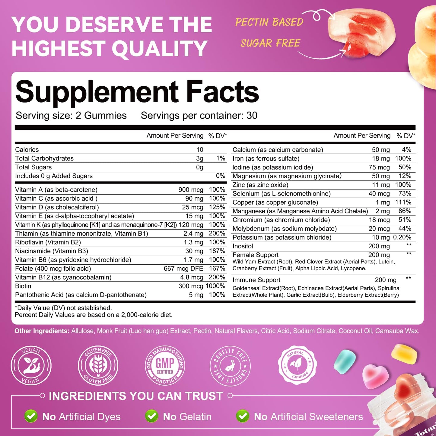 Totaria Sugar Free Women's Multivitamin with Iron and C, D3, K2, B12, B6 Gummies, 60 Count