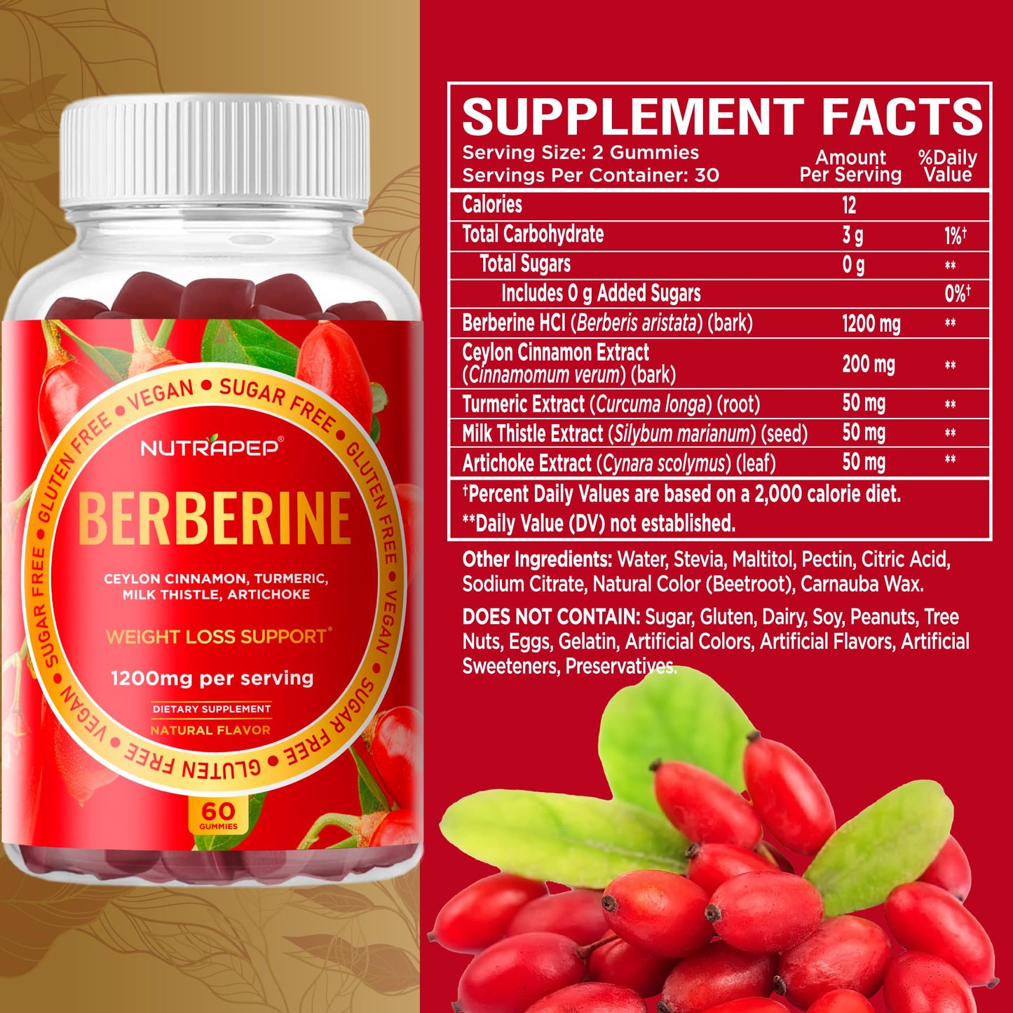 NutraPep Berberine HCl Weight Loss Support Gummies, 60 Count