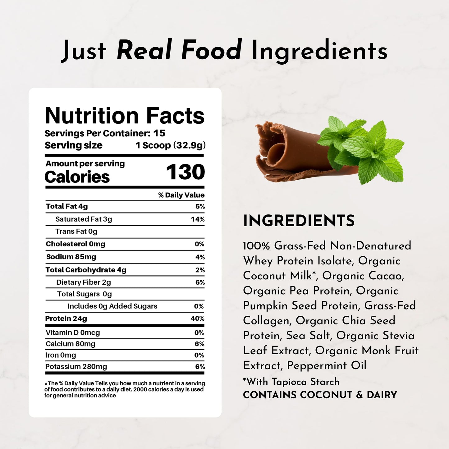 JUST INGREDIENTS Mint Chocolate Whey Protein Powder Grass-Fed, 15 Servings