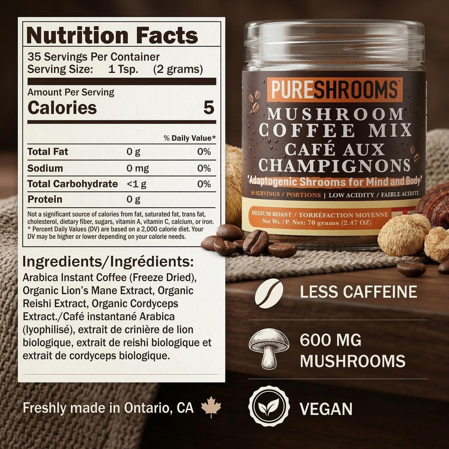 PureShrooms Mind & Body Mushroom Coffee Instant Coffee Powder 2.47 oz