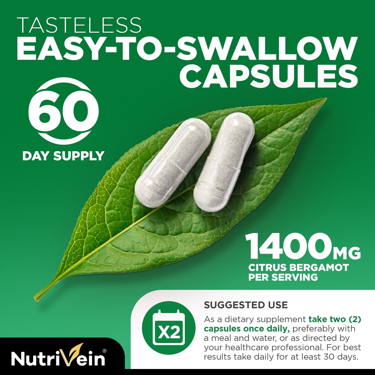 Nutrivein Italian Citrus Bergamot Supplement 1400mg 25:1 Extract, 120 Capsules