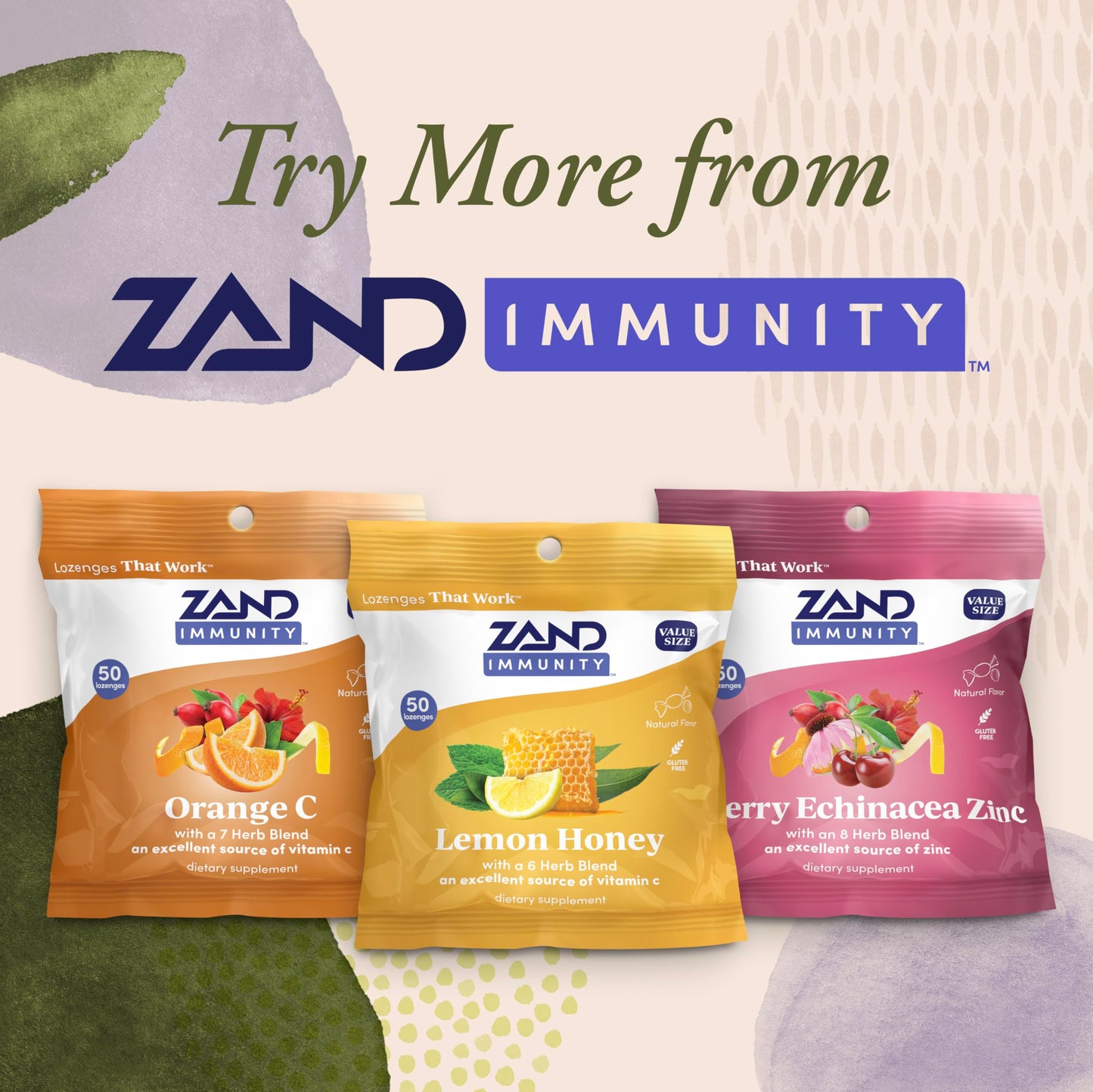 ZAND Immunity Variety 3 Pack Lemon Zinc, Menthol and Cherry Echinacea Zinc Throat Lozenges, 50 Count
