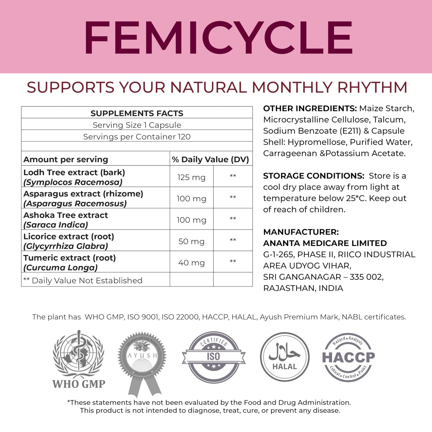 Ananta Medicare USA FEMICYCLE Herbal Supplement for Women, Capsule, 120 Vegan Capsules
