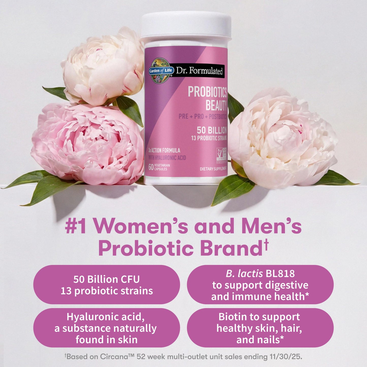 Garden of Life Dr. Formulated Beauty Probiotics with Biotin, Hyaluronic Acid and Pre, Pro & Postbiotics – Skin Health, Hair & Nails, Non-GMO, Gluten-Free, 60 Vegetarian Capsules