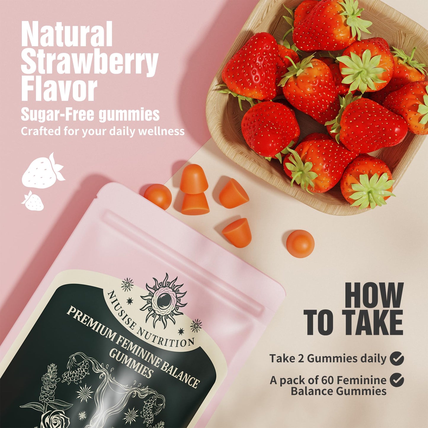 NIUSISE Feminine Balance Gummies, Premium Balance Supplement for Women PH Health, Immune Support, Energy Support, Vegan, Gluten-Free, Strawberry Flavor, Delicious 60 Gummies, 1 Pack 30 Servings