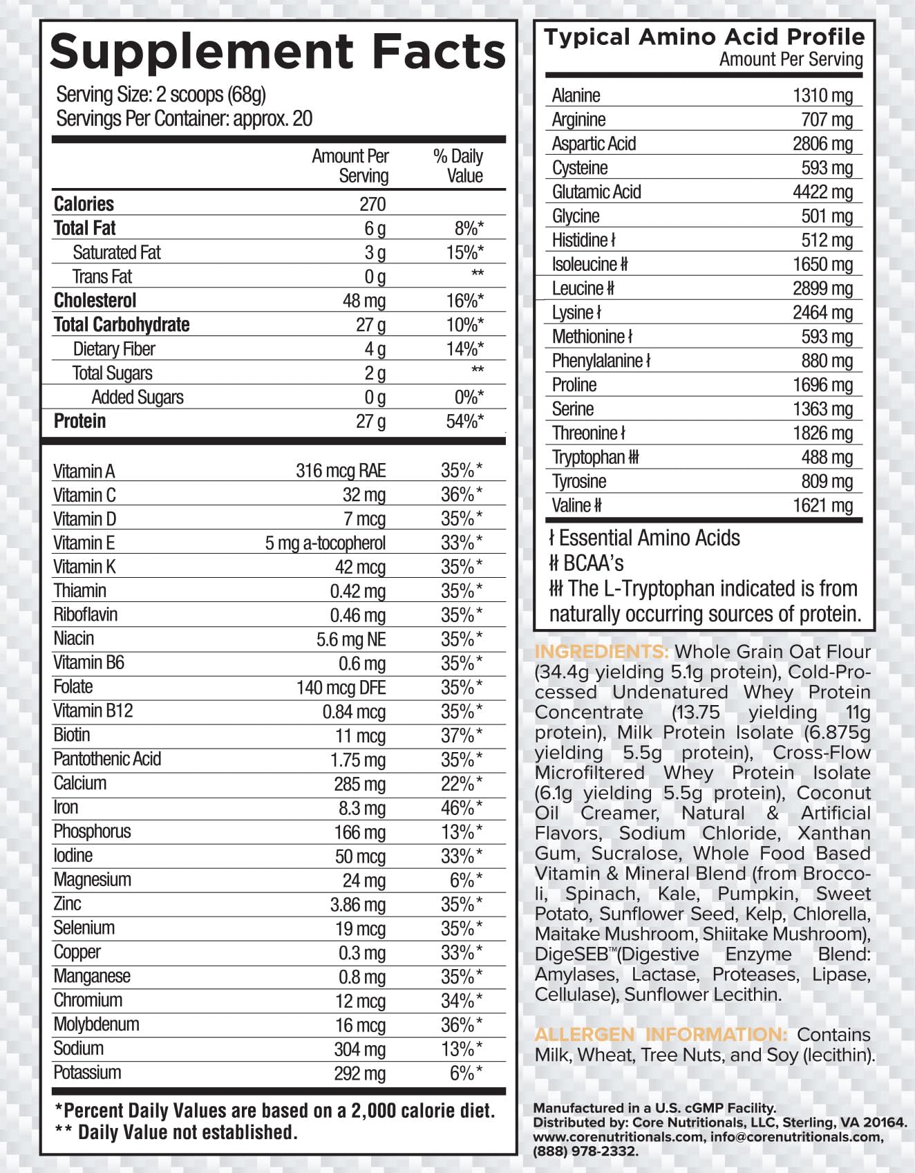 Core Nutritionals MRP Full Spectrum Meal Replacement Whey Protein Blend + Low Glycemic Carb Blend 27g Protein Powder Vanilla Poundcake 3 Pound 48 Servings
