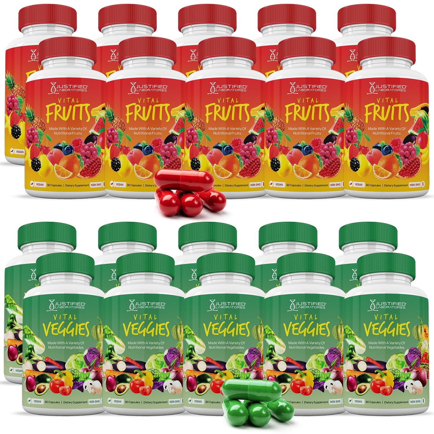 Justified Laboratories Vital Fruits and Veggies Whole Food Red & Green Superfoods Capsules, 90 Count