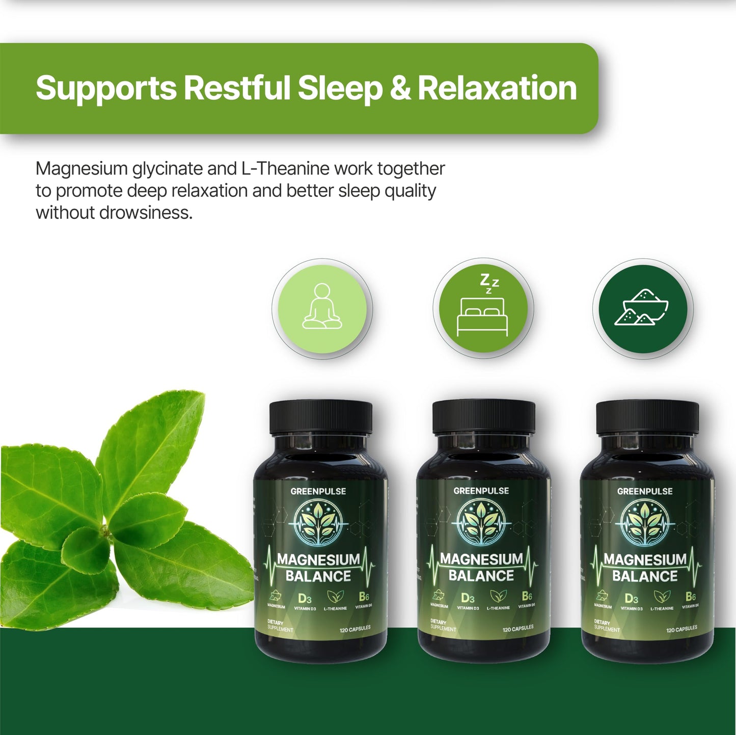 GREENPULSE Magnesium Balance – Magnesium Glycinate & Citrate with L-Theanine, Vitamin C, B6 & D3 – Calm & Relaxation Support – 120 Capsules