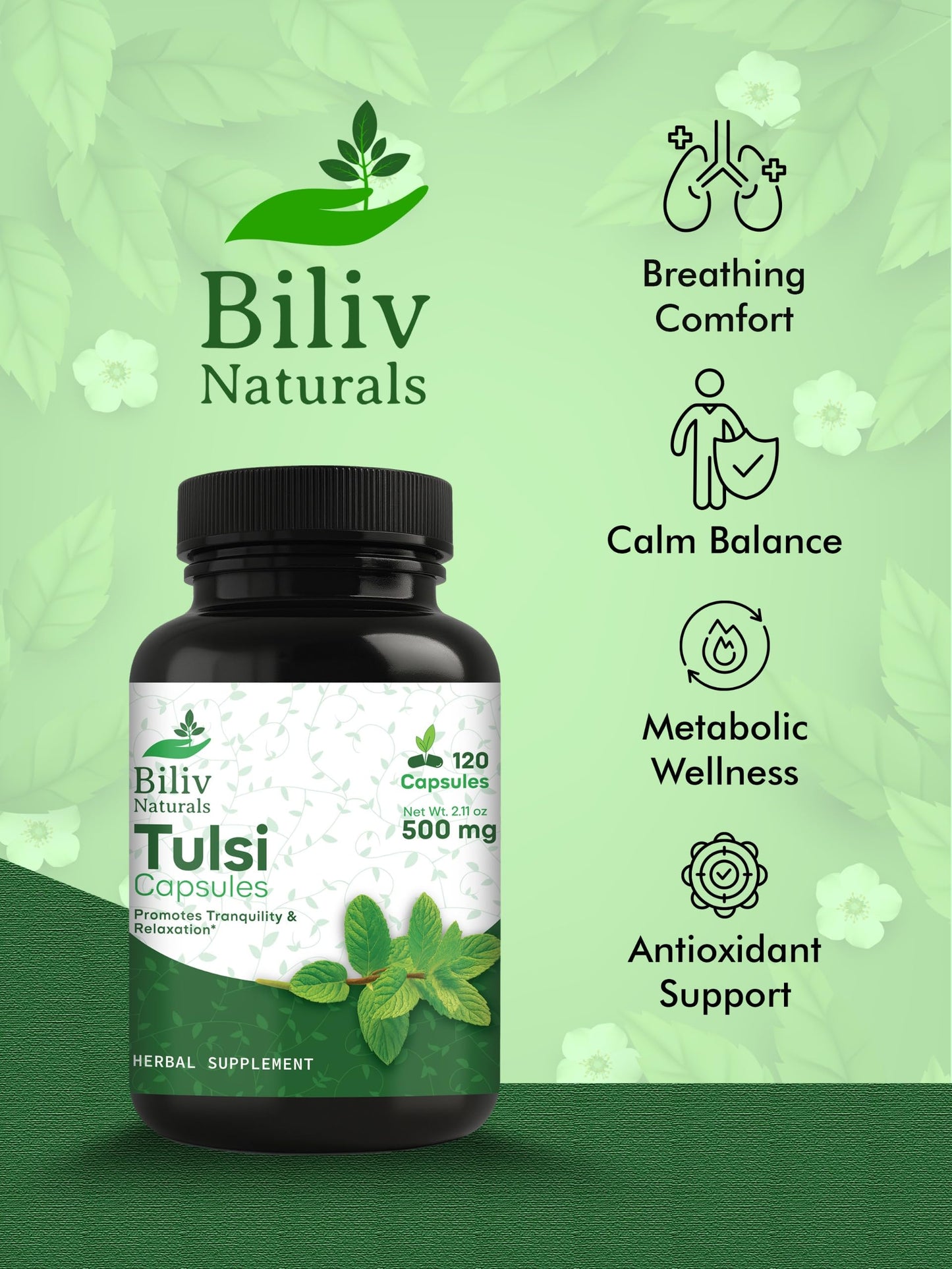 Biliv Naturals Tulsi (Holy Basil) 500 mg Herbal Supplement Capsules, Immune Support, Adaptogen, Supports Healthy Stress Response, Vegan, Gluten-Free, 120 Capsules