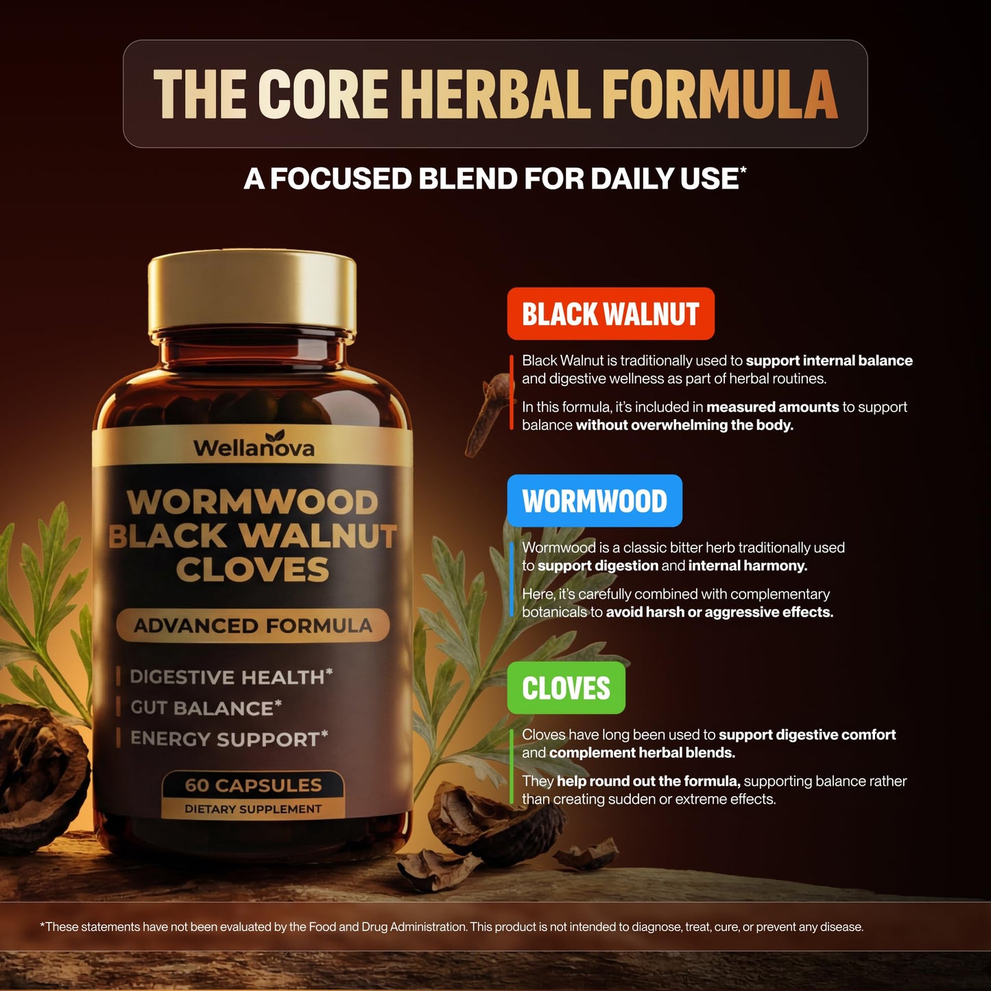 Wellanova Wormwood Black Walnut Clove Cleanse Advanced Detox Formula for Adults Gut Health Supplement, 60 Capsules