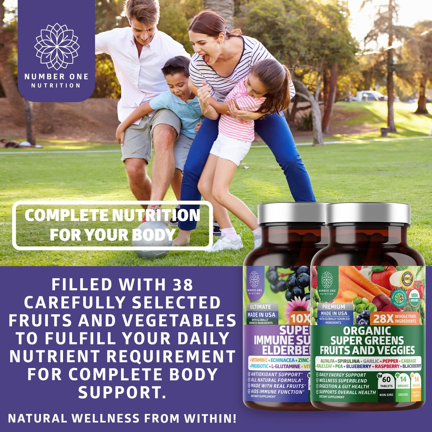 Number One Nutrition N1N Premium Organic Super Fruits & Veggies + Immune Support 120 Capsules