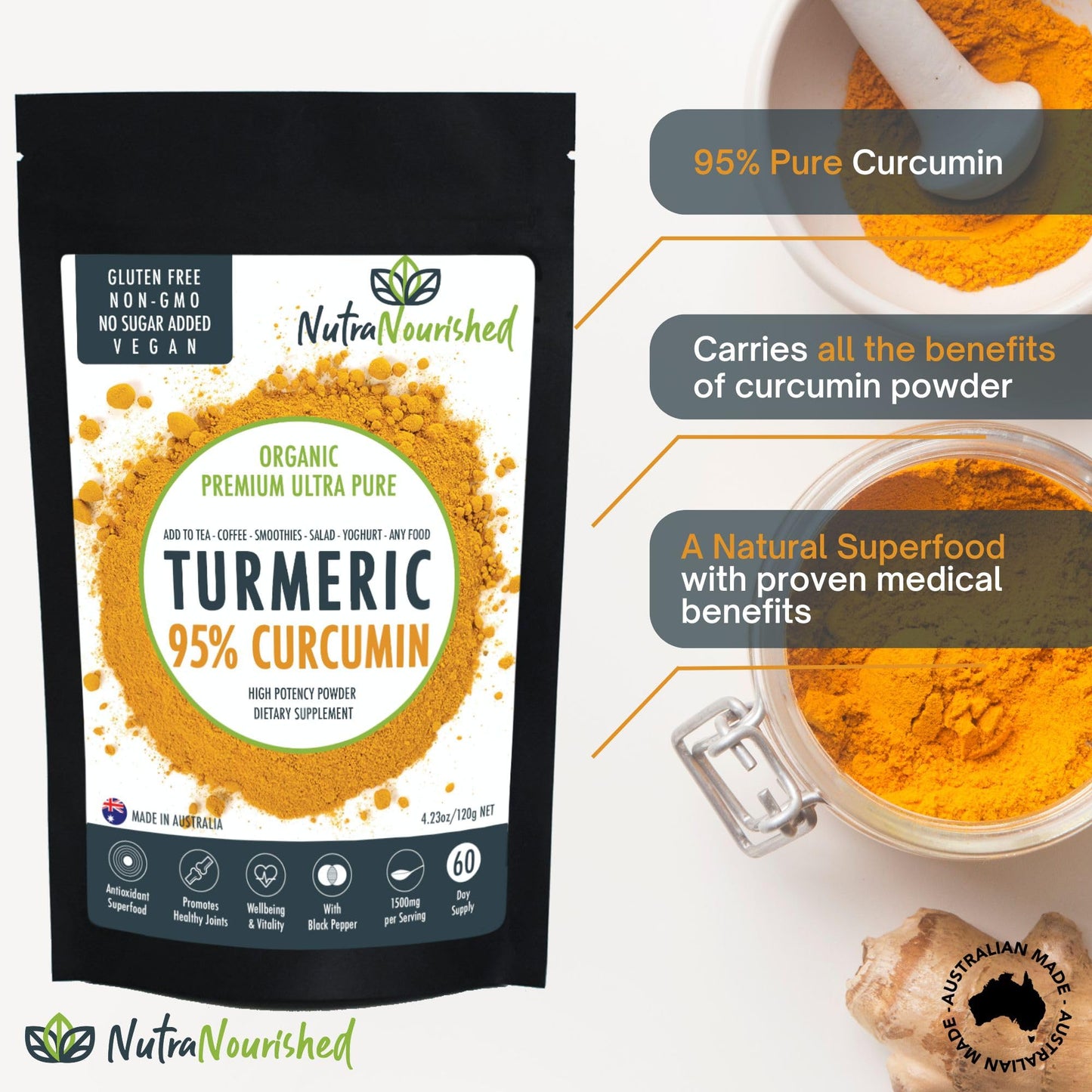 Nutra Nourished Organic Turmeric Curcumin Powder – 95% Curcuminoids (1500mg per Serve) with Black Pepper, Vegan, Gluten-Free, Non-GMO – Made in Australia, 120g (4.23 oz)