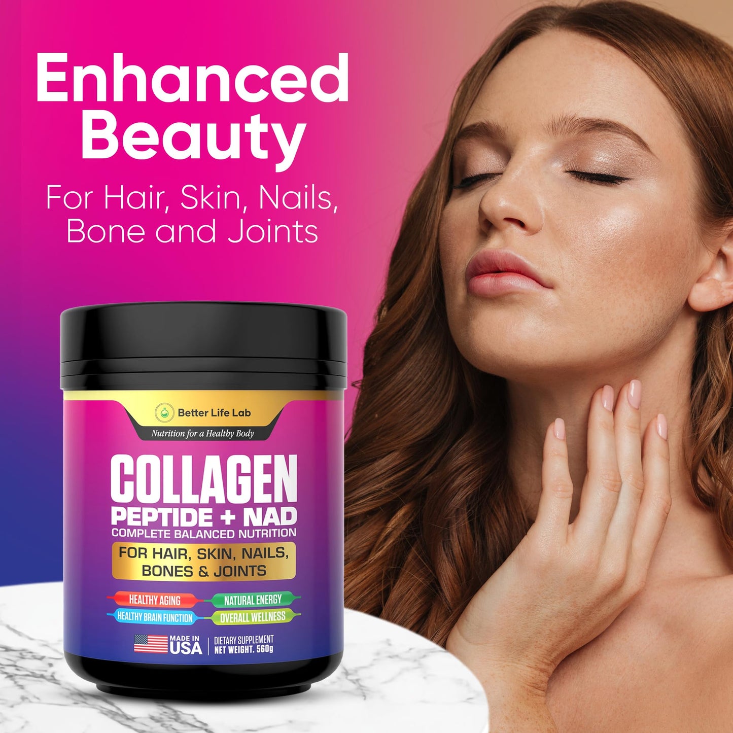 Better Life Lab Hydrolyzed Collagen Peptides with NAD – Type I & III Collagen – Grass-Fed, Unflavored Powder, 60