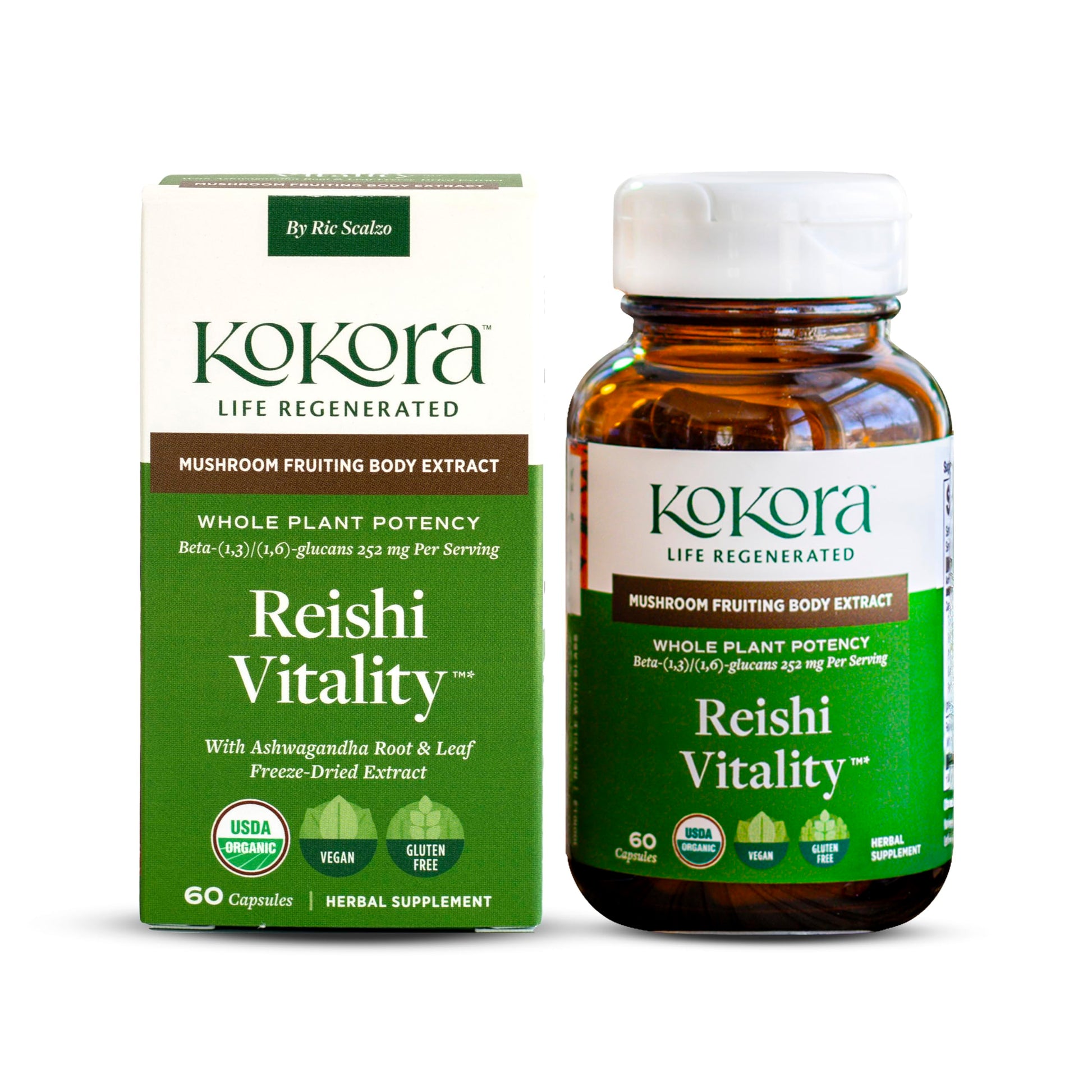 Kokora Reishi Vitality Organic Adaptogenic Mushroom Capsules with Beta Glucans & Ashwagandha, Vegan, Non-GMO, 60 Capsules