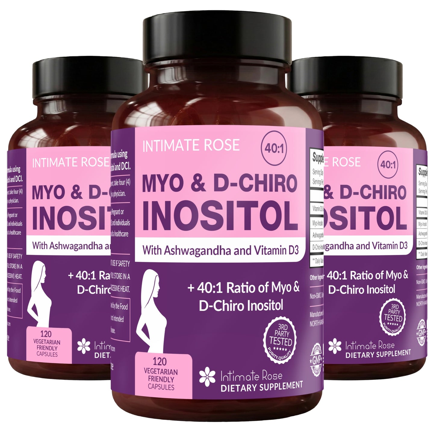 Intimate Rose Myo-Inositol & D-Chiro Inositol Blend - 40:1 Blend Ratio - Women's Daily Wellness Support - Vitamin D & Ashwagandha Capsules 360