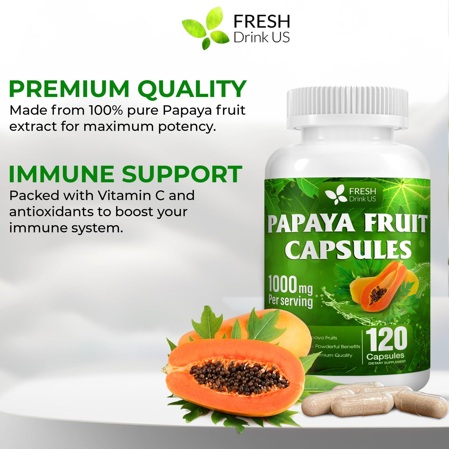 FRESHDRINKUS Papaya Fruit Extract Capsules, 120 Count