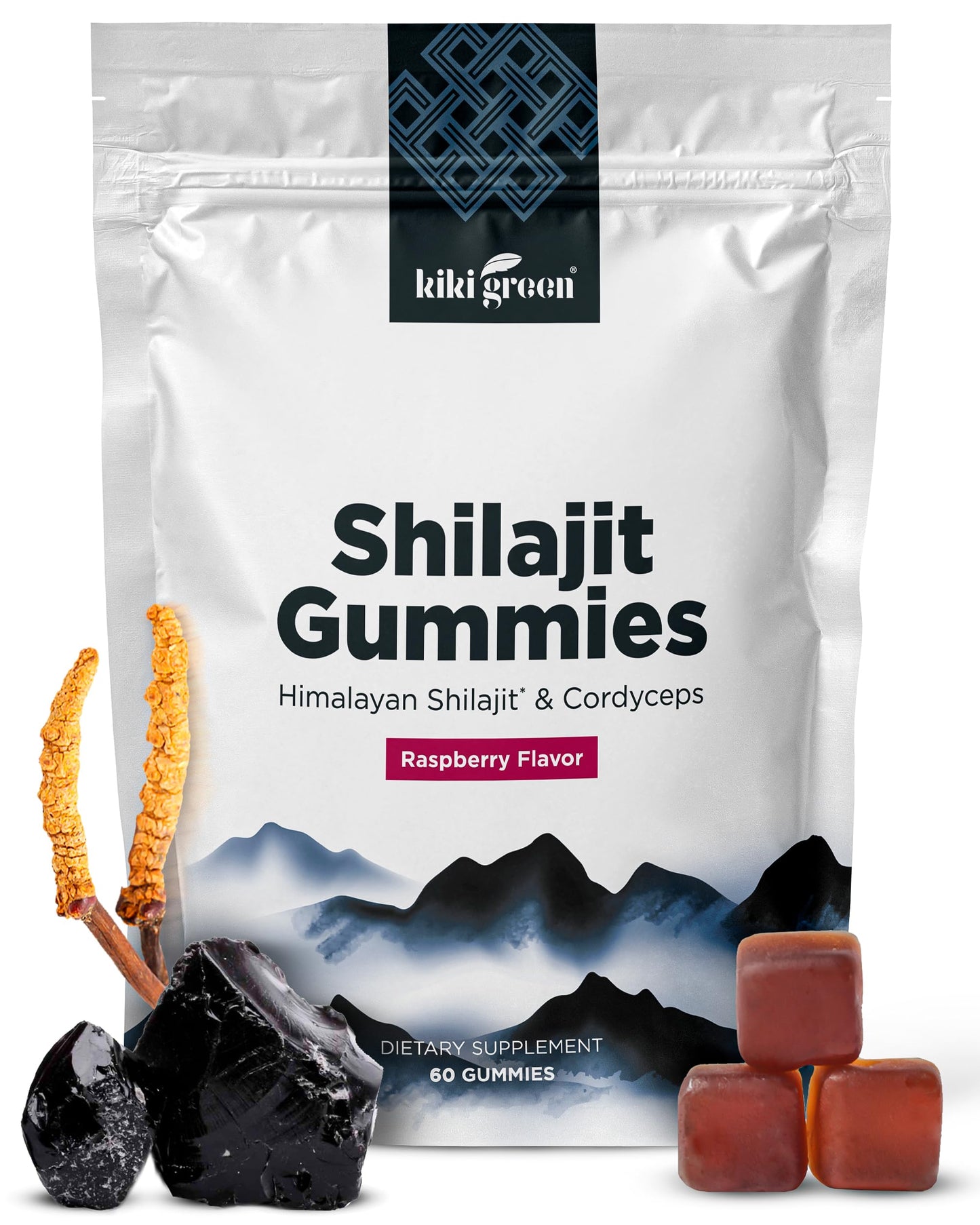 KIKI Green Shilajit Gummies 1000 mg Pure Himalayan Shilajit with Cordyceps Extract, 60 Gummies