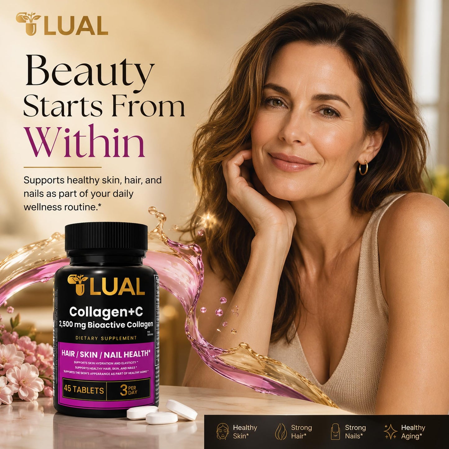 LUAL Collagen + Vitamin C Tablets, 45 Count