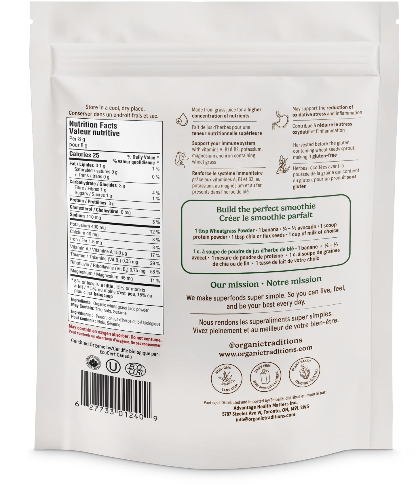 Organic Traditions Wheat Grass Juice Powder 5.3 Ounce