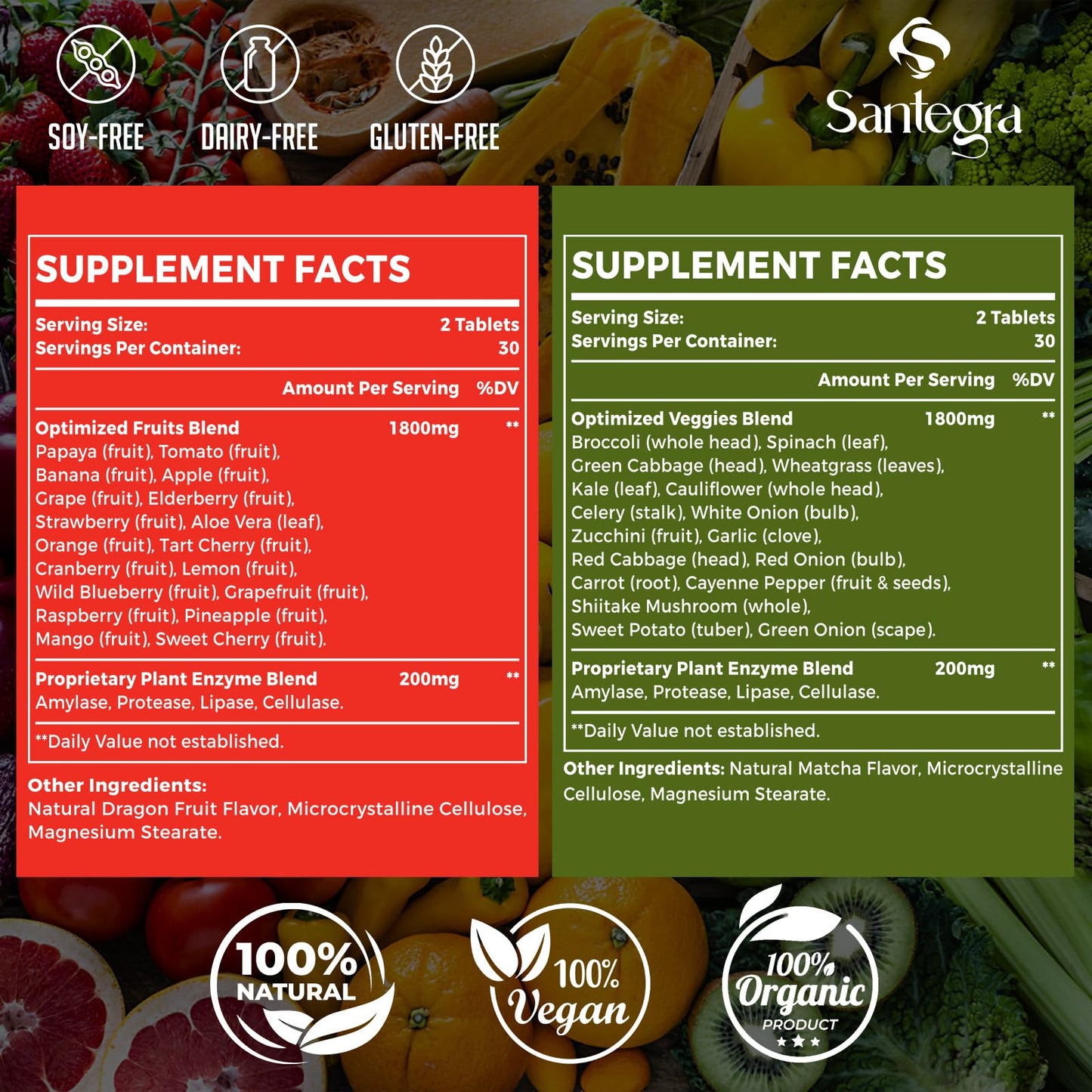 Santegra 2000 MG Fruit and Veggies Supplement Tablets, 240 Tablets