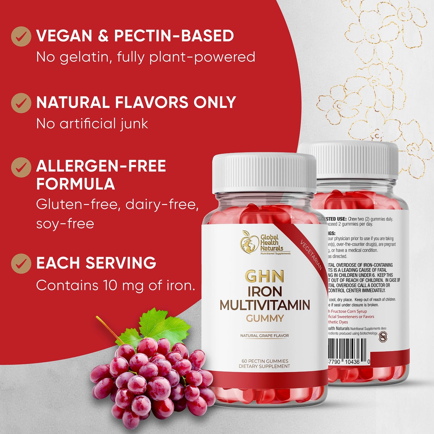 Global Health Naturals Nutritional Supplements Vegan Women’s Multivitamin Gummies with Iron – Gummy, 60 Count