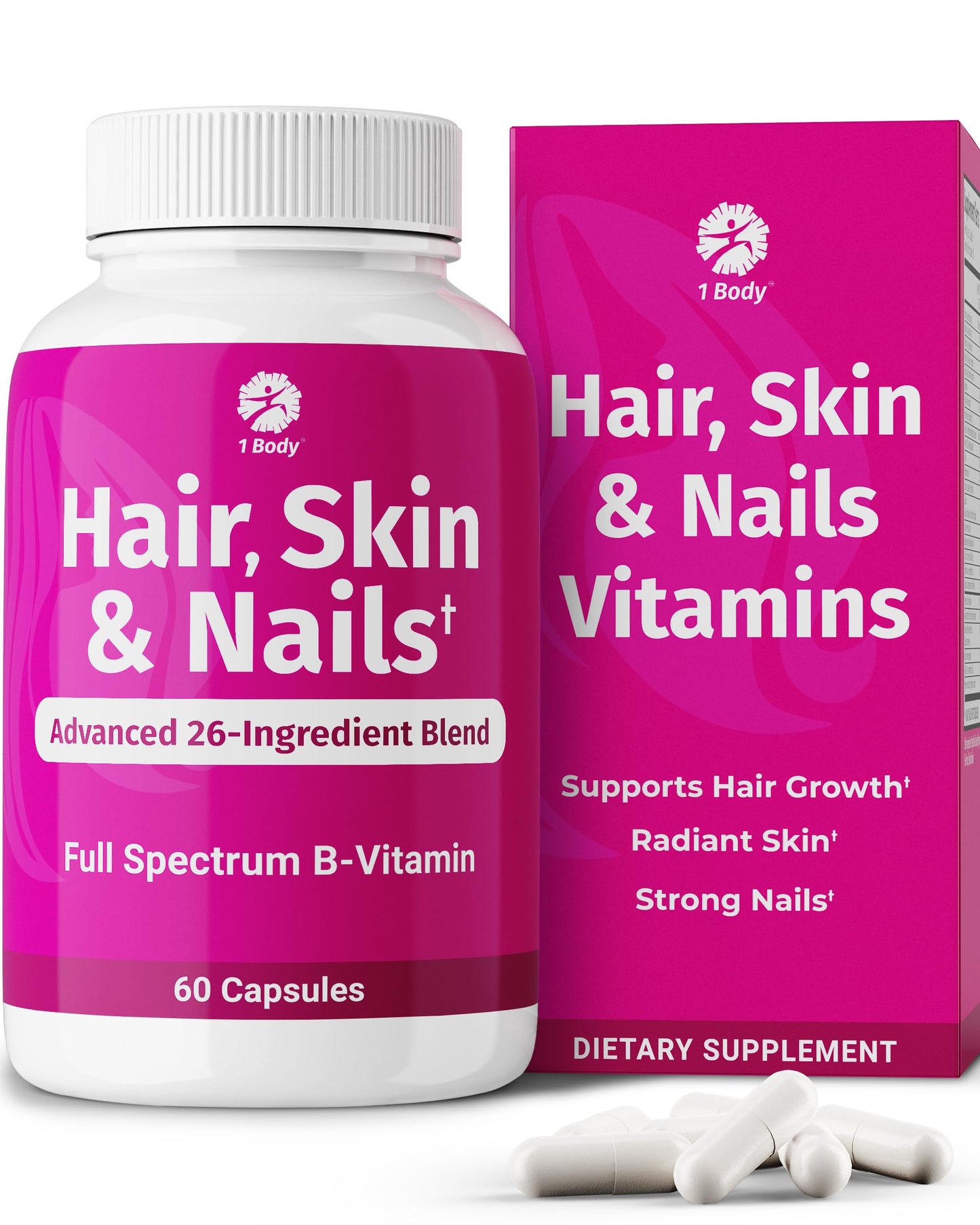 1 Body Hair Skin & Nails with Biotin, Vegan Vitamins, 60 Capsules