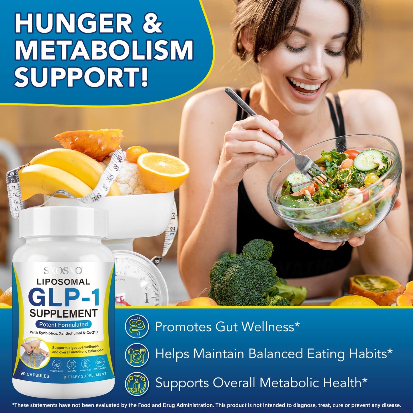SXOSXO GLP-1 Supplement - Appetite Control Formula with Synbiotics - Prebiotic and Probiotic for Women & Men, Boost Metabolism & Support Gut Health, 90 Capsules