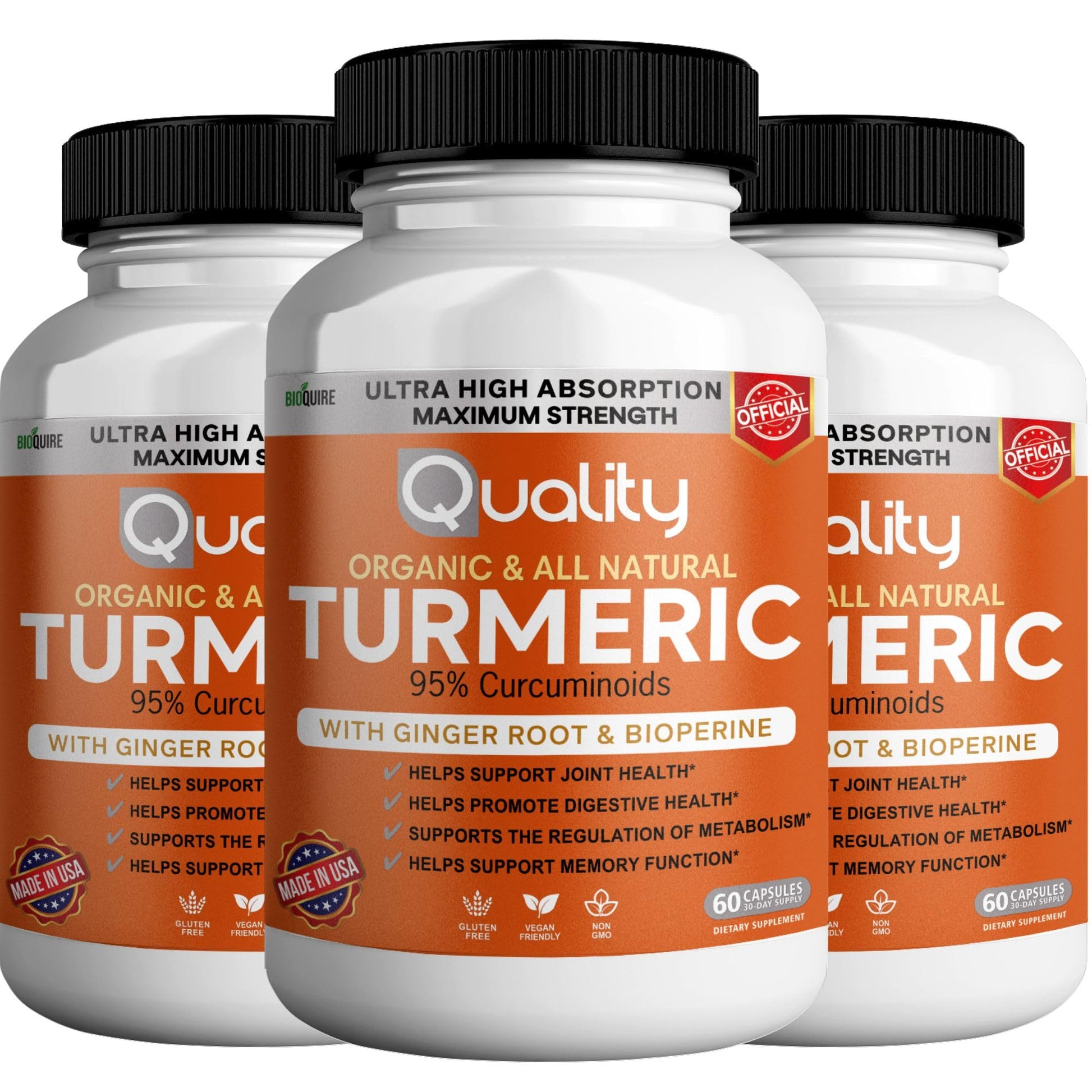 BIOQUIRE Organic Turmeric Capsules with Ginger Root and BioPerine, 95% Curcuminoids, 500mg, 60 Capsules