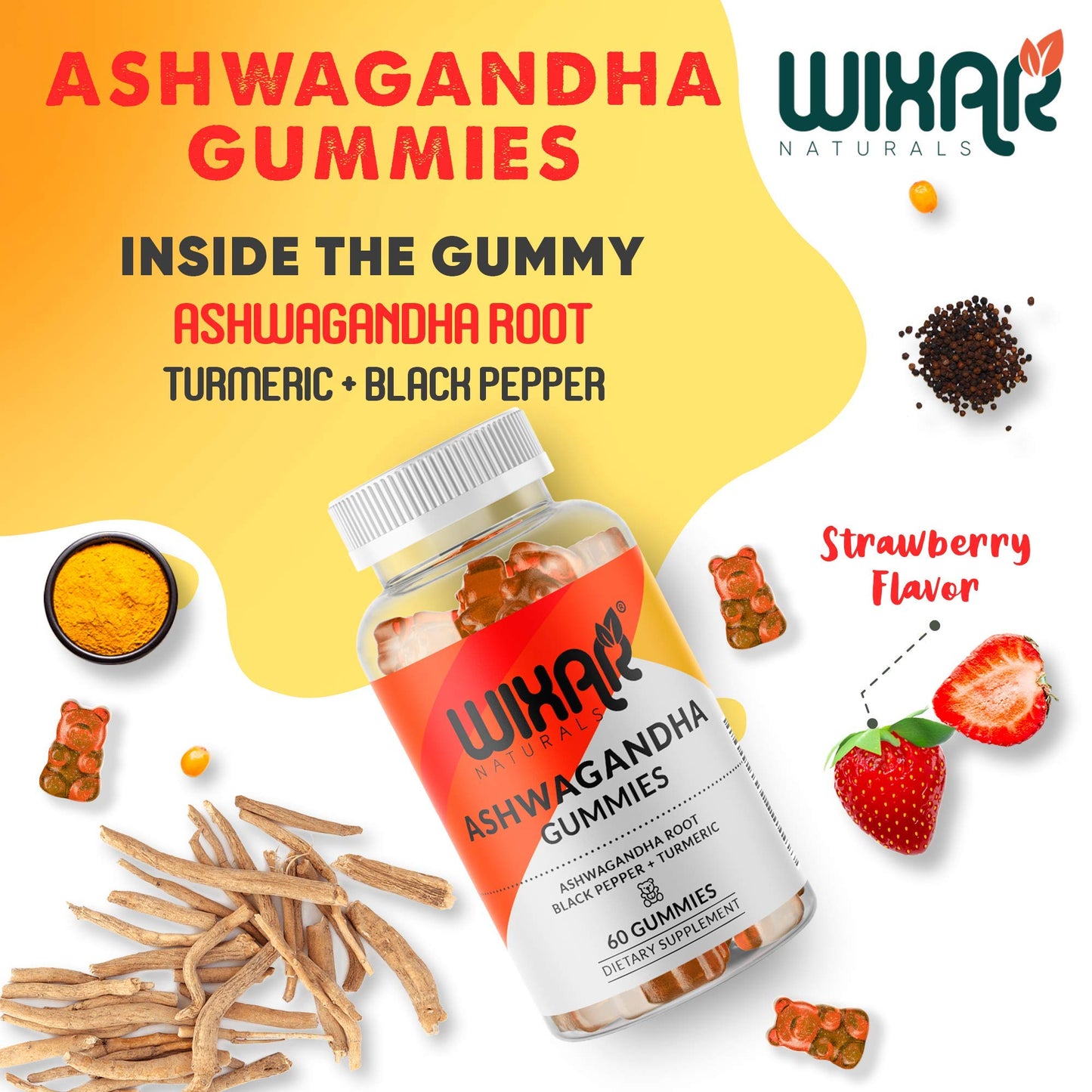 WIXAR NATURALS Ashwagandha Gummies with Turmeric and Black Pepper Extract - Herbal Gummy Supplement, 60 Gummies