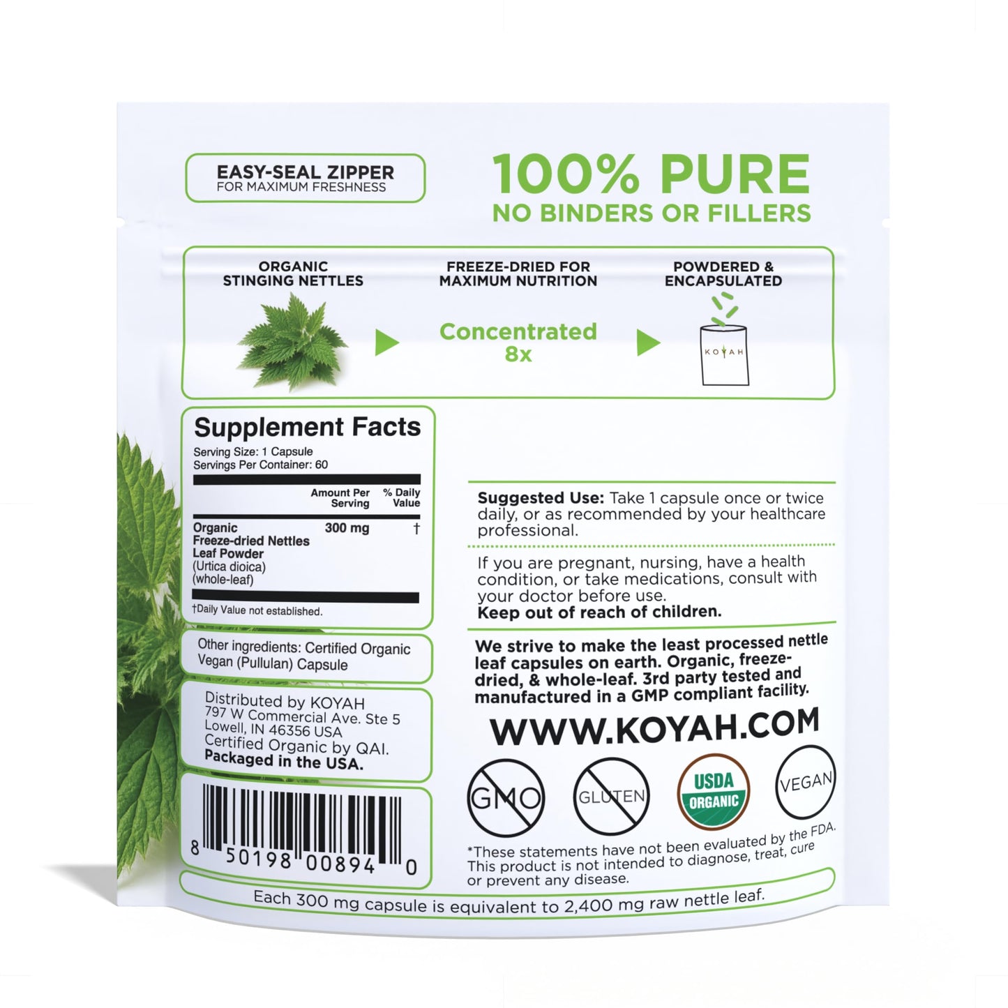 KOYAH Organic Stinging Nettle Leaf Capsules – Freeze-Dried Whole Leaf – 300 mg per Capsule – Upper Respiratory Support & Immune Support – 60 Capsules