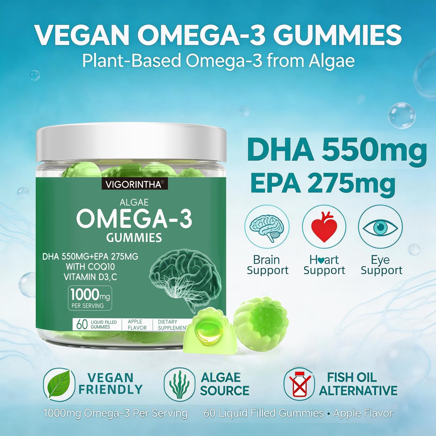 Vigorintha Vegan Omega-3 Algae Oil Gummies with DHA 300mg & EPA 150mg, Vitamin D3 & K2, 120 Count