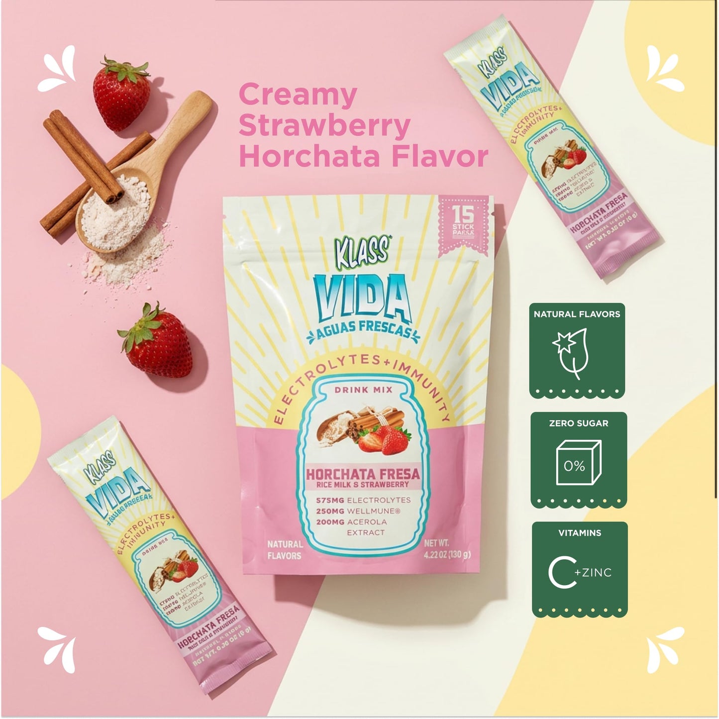 KLASS VIDA Hydration + Immunity Strawberry Horchata Powder 4.23 oz