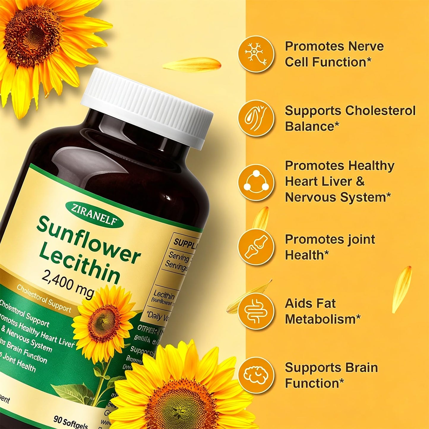 ZiranElf Sunflower Lecithin 2400mg Softgels, 90 Count
