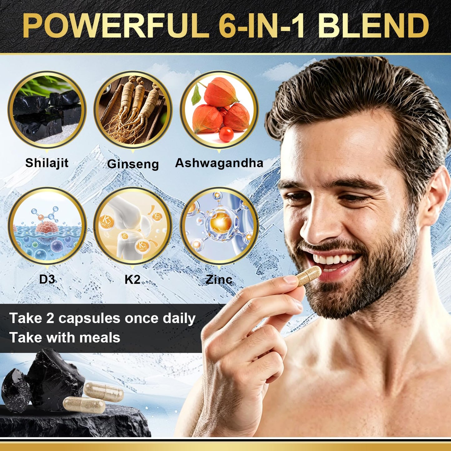 GHW Shilajit for Men Capsules with Vitamin D3 K2 & Zinc, Natural Fulvic Ashwagandha Ginseng, Supports Stamina Immune Health and Male Vitality, 60 Capsules