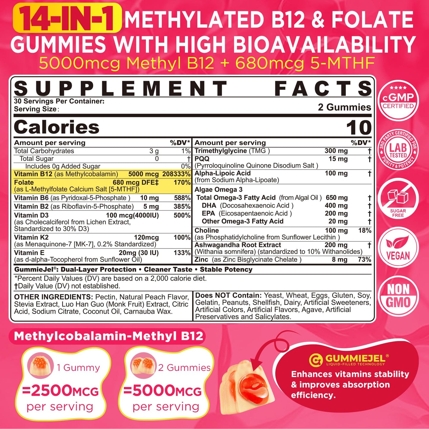 LILICARE Methyl B12 5000mcg & L-Methylfolate Gummies, 120 Gummies