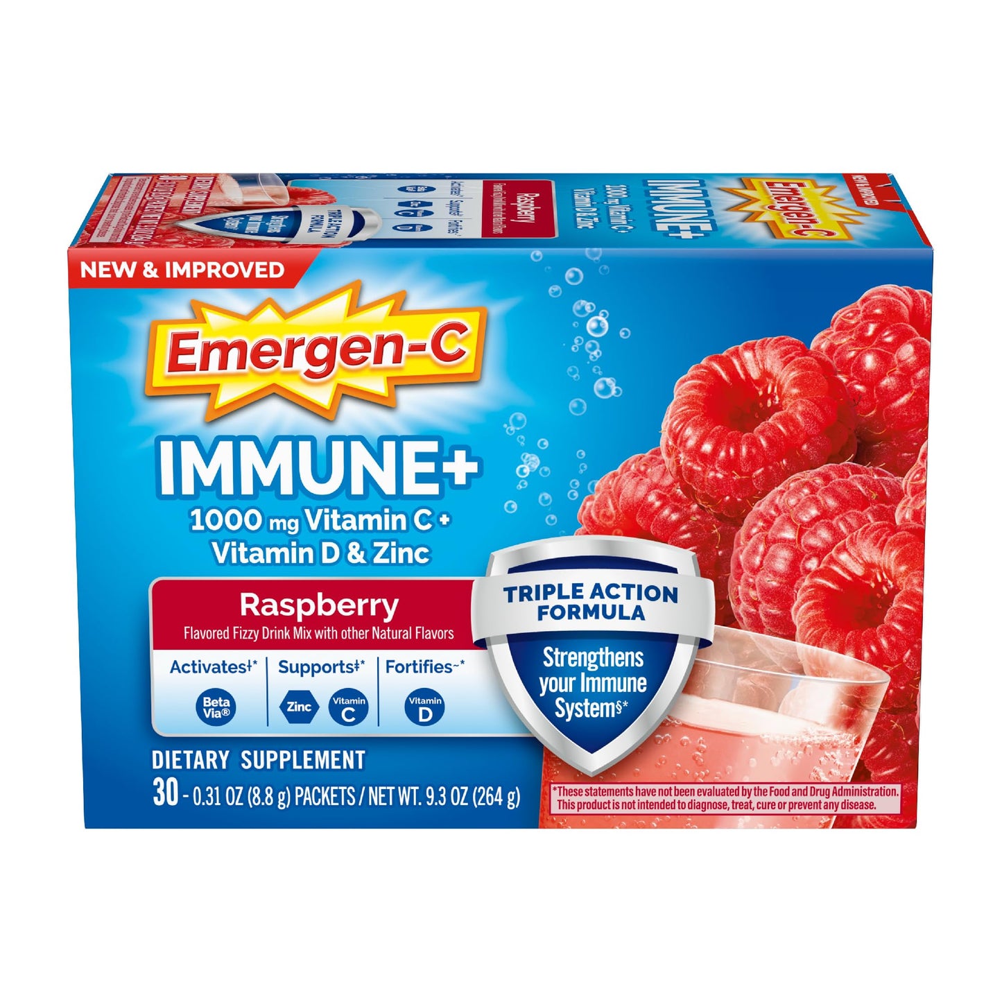 Emergen-C Immune+ Triple Action Immune Support Powder Raspberry, 30 Count