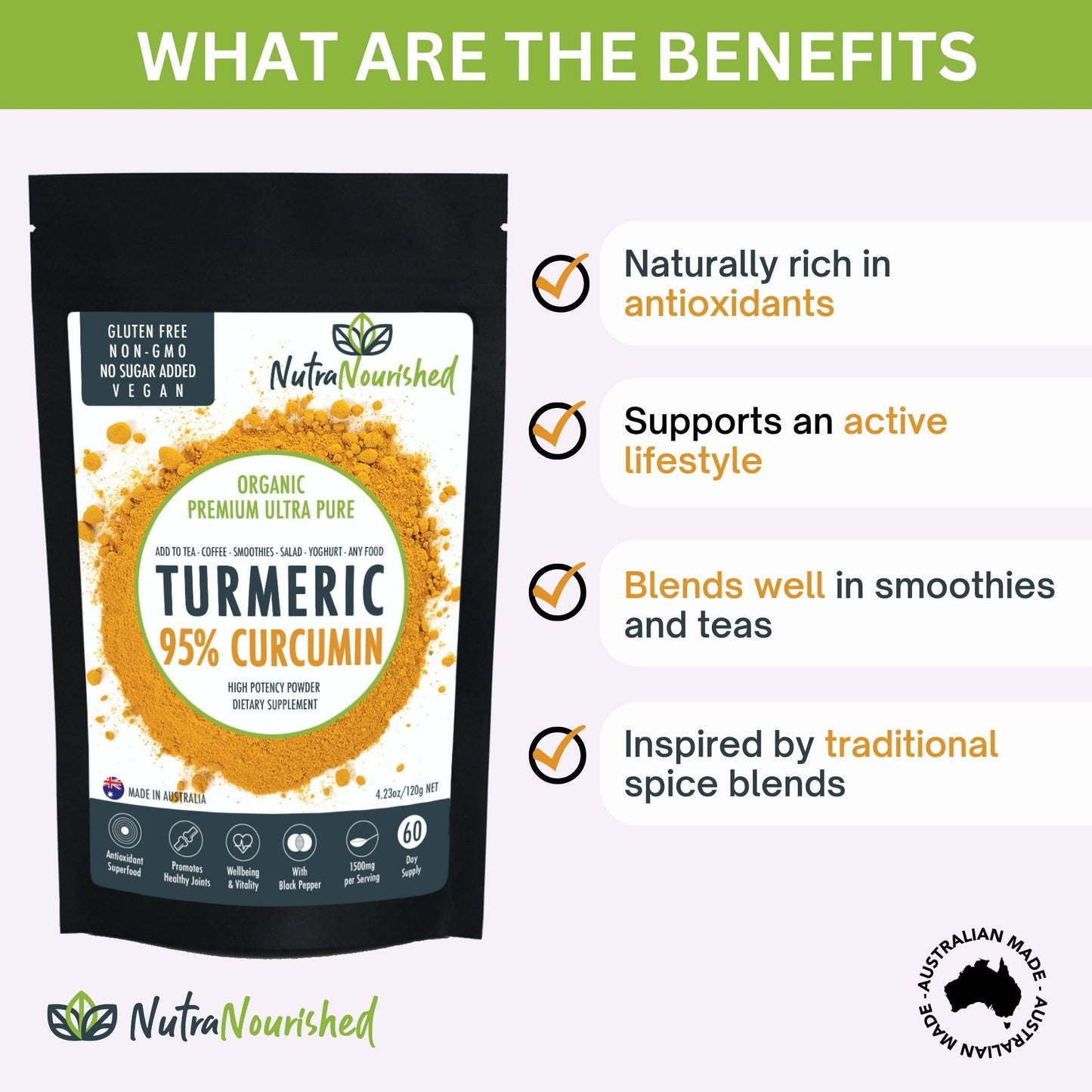 Nutra Nourished Organic Turmeric Curcumin Powder – 95% Curcuminoids (1500mg per Serve) with Black Pepper, Vegan, Gluten-Free, Non-GMO – Made in Australia, 120g (4.23 oz)