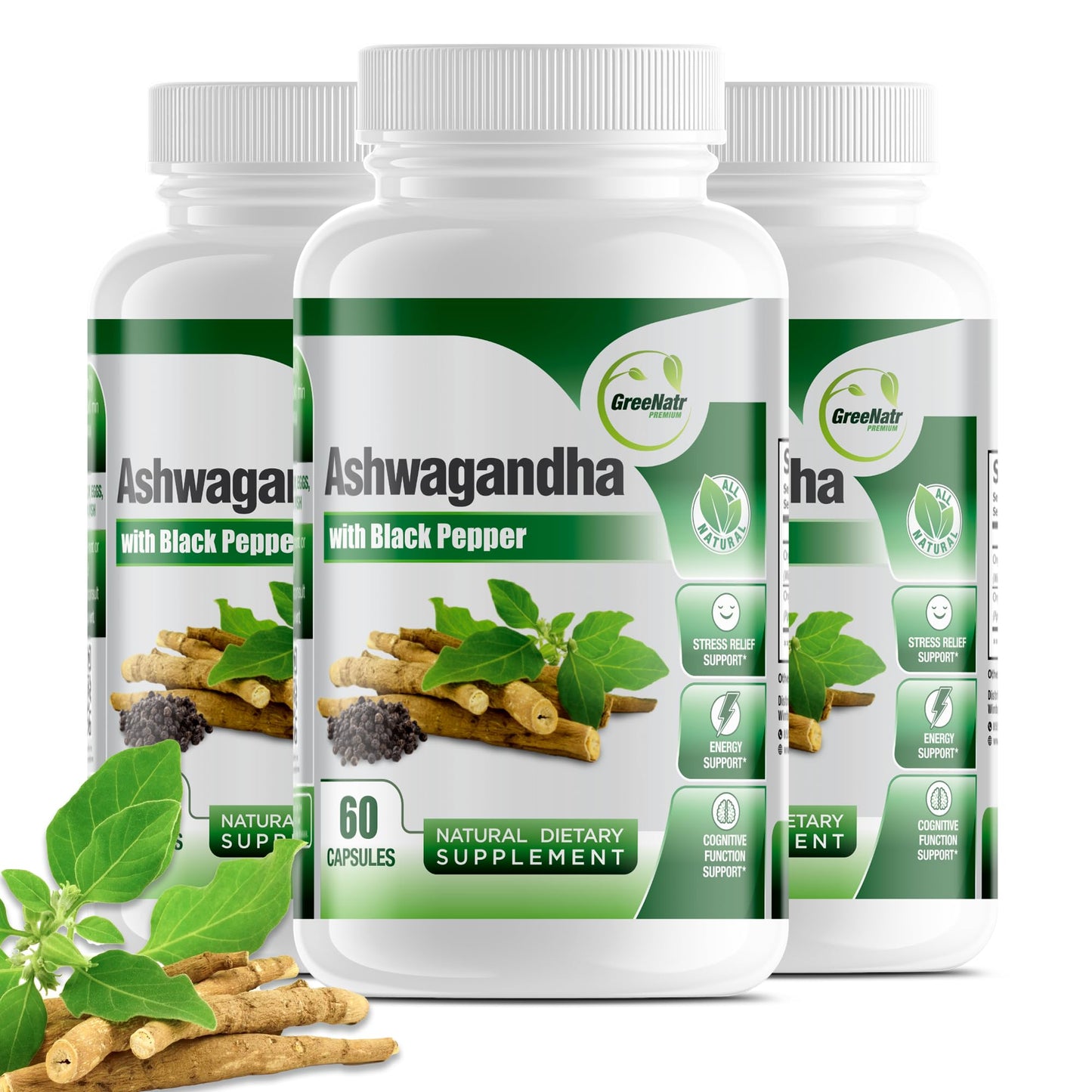 GreeNatr Organic Ashwagandha Capsules with Black Pepper for Enhanced Absorption, 60 Veggie Capsules
