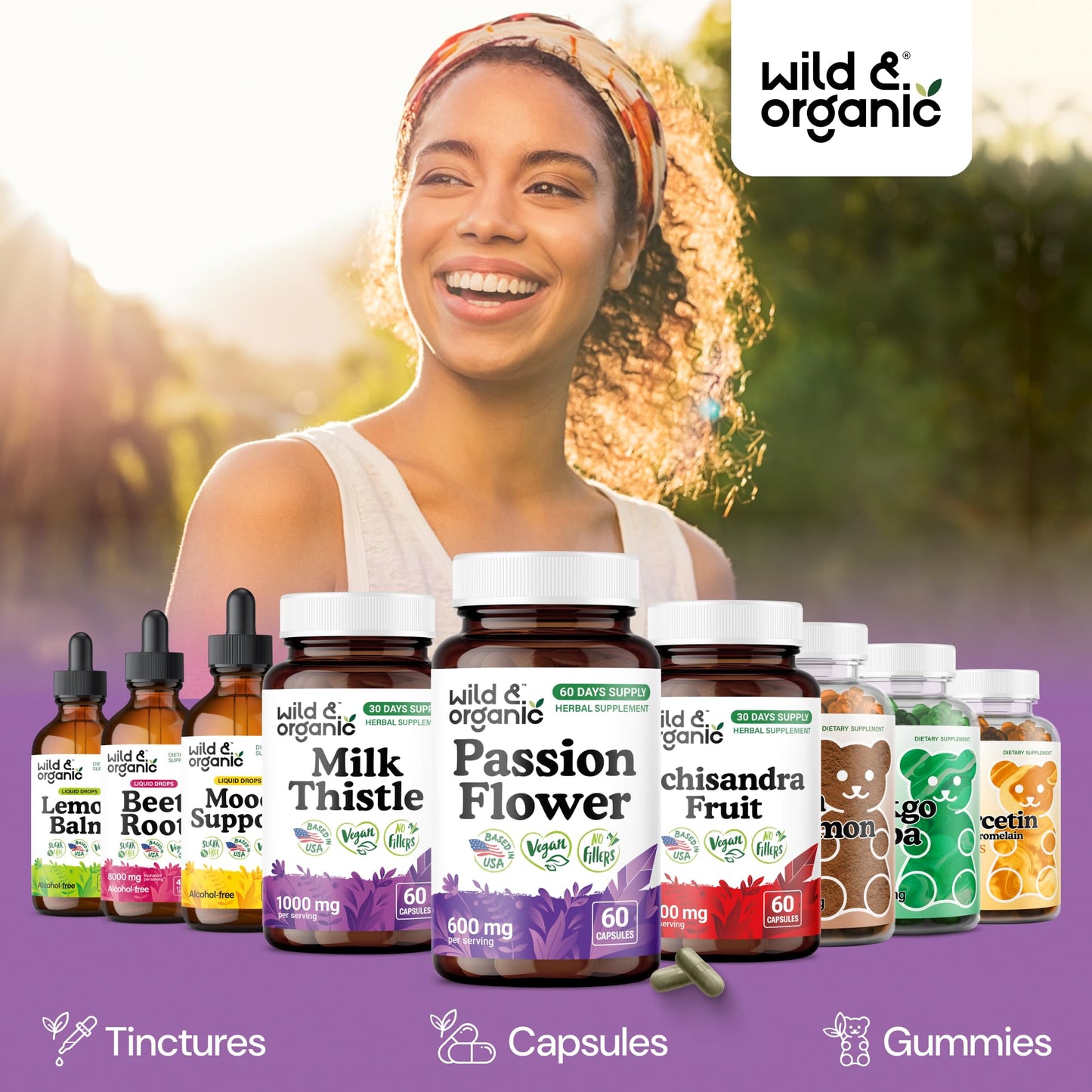 Wild & Organic Passion Flower Capsules 600 mg - Relaxation & Mood Support - Passiflora Incarnata Herb - Vegan, No Fillers, Non-GMO - 60 Count