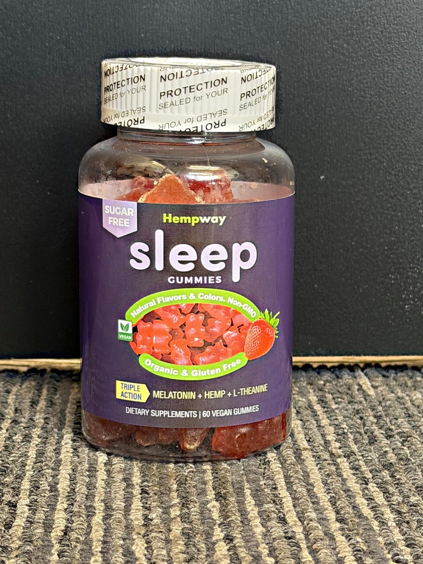 HEMPWAY Hemp Gummies for Sleep with L-Theanine & Melatonin, Triple Action, Calm Gummies for Adults and Kids, Sugar Free Strawberry Vegan, 60 Count