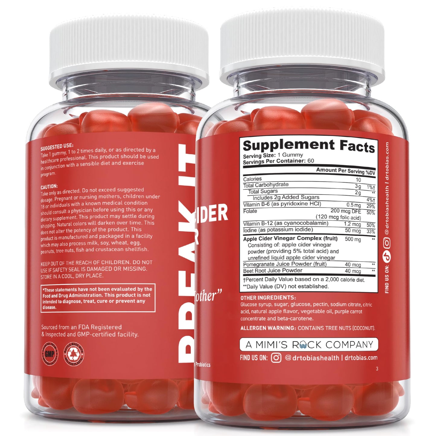 Dr. Tobias Apple Cider Vinegar Gummies with The Mother - 500mg ACV Per Serving, Plus Folate, B6, B12 & Iodine, Vegan, 120 Gummies