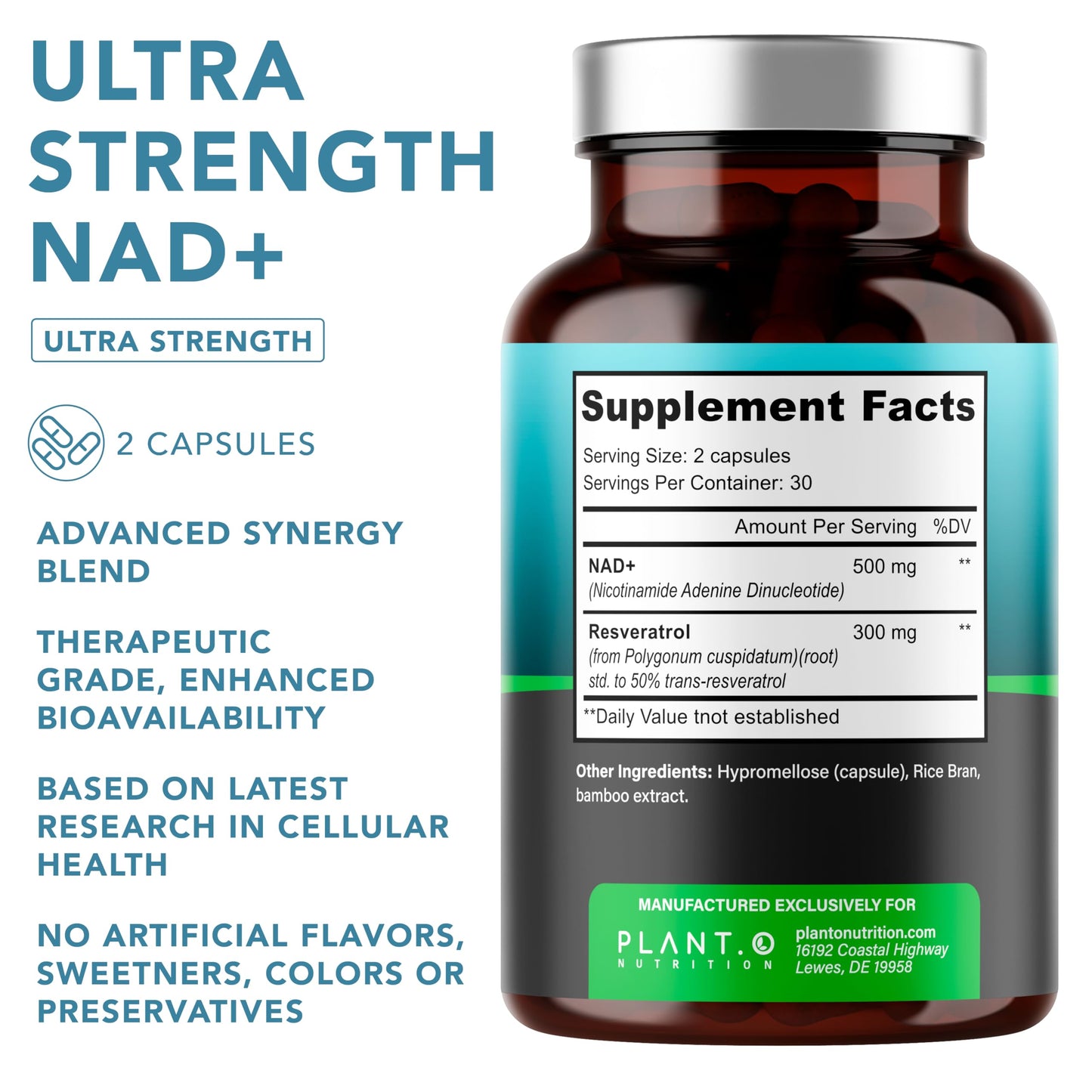 PLANT.O NUTRITION NAD Supplement High Purity NAD Plus with Resveratrol NMN and Nicotinamide Riboside Alternative 60 Capsules