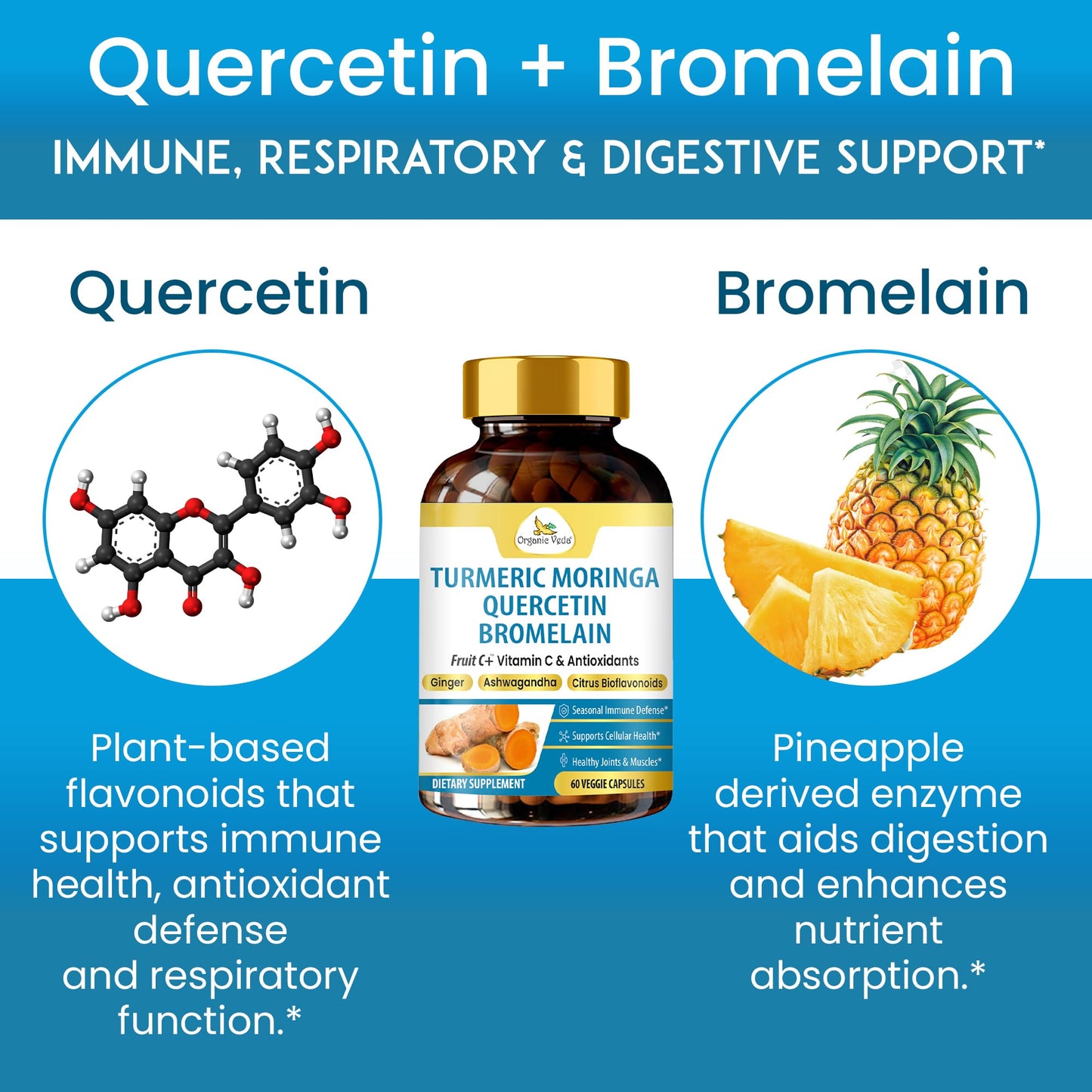 Organic Veda Turmeric Moringa Quercetin with Bromelain, 60 Capsules
