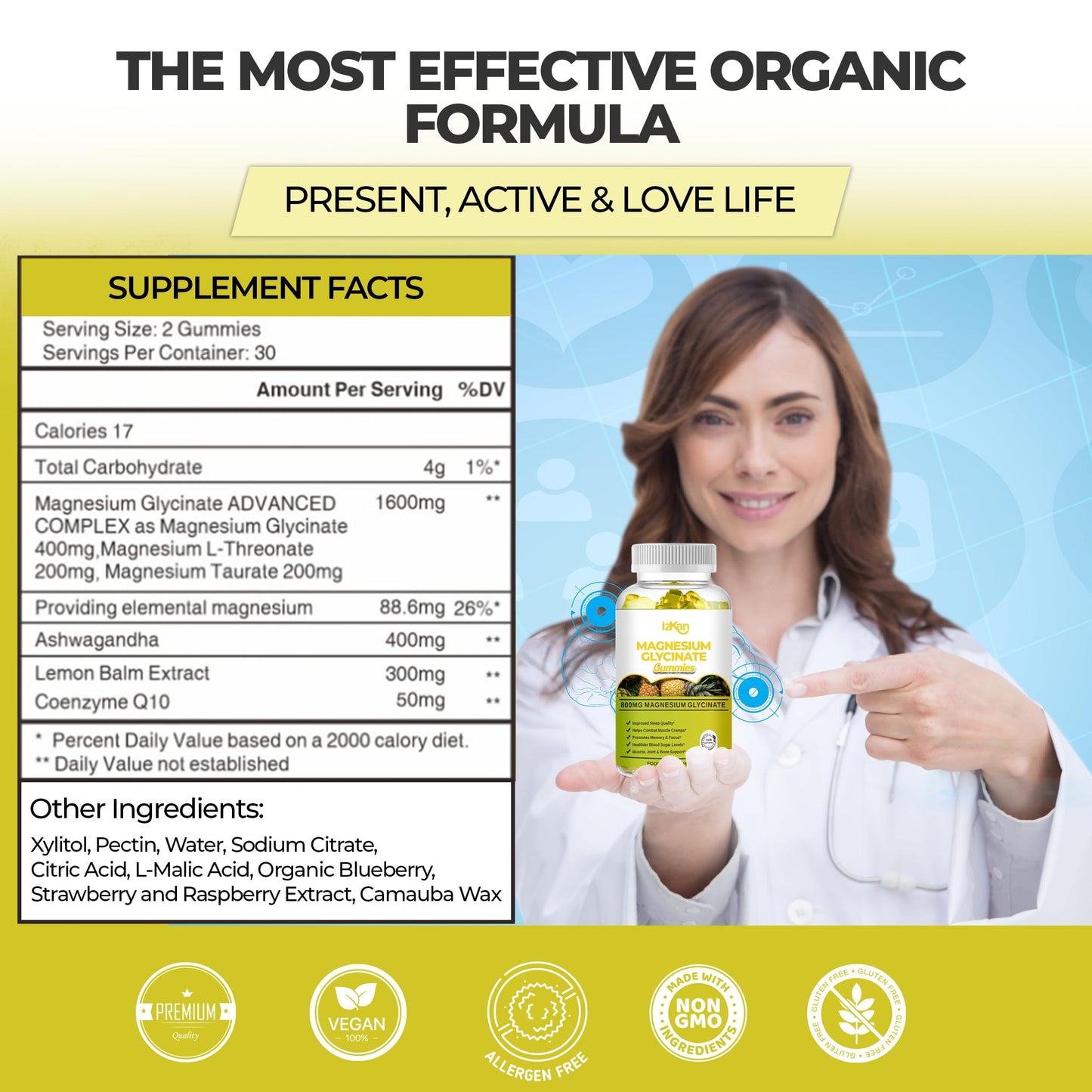 Izkan Magnesium Glycinate Gummies 800mg - Sugar Free - 60 Gummies