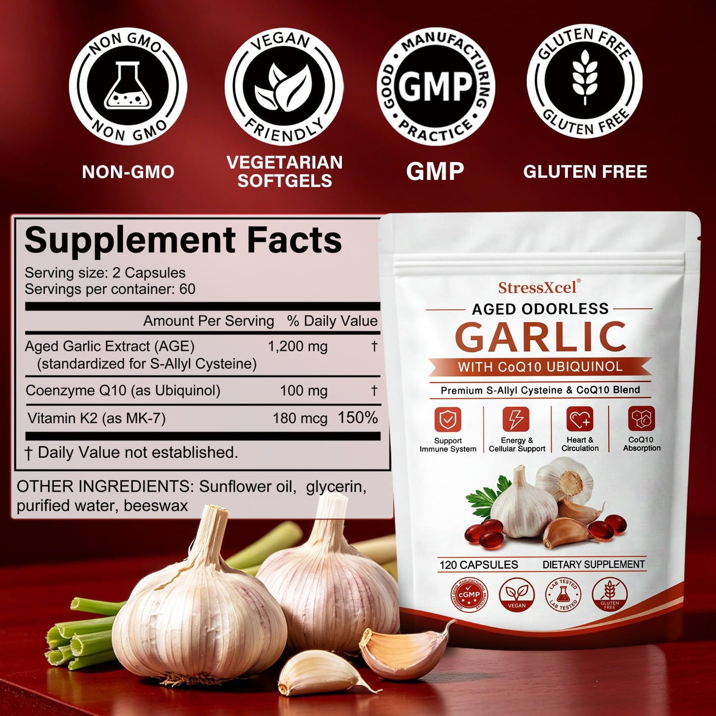 StressXcel Aged Odorless Garlic Extract 120 Softgels