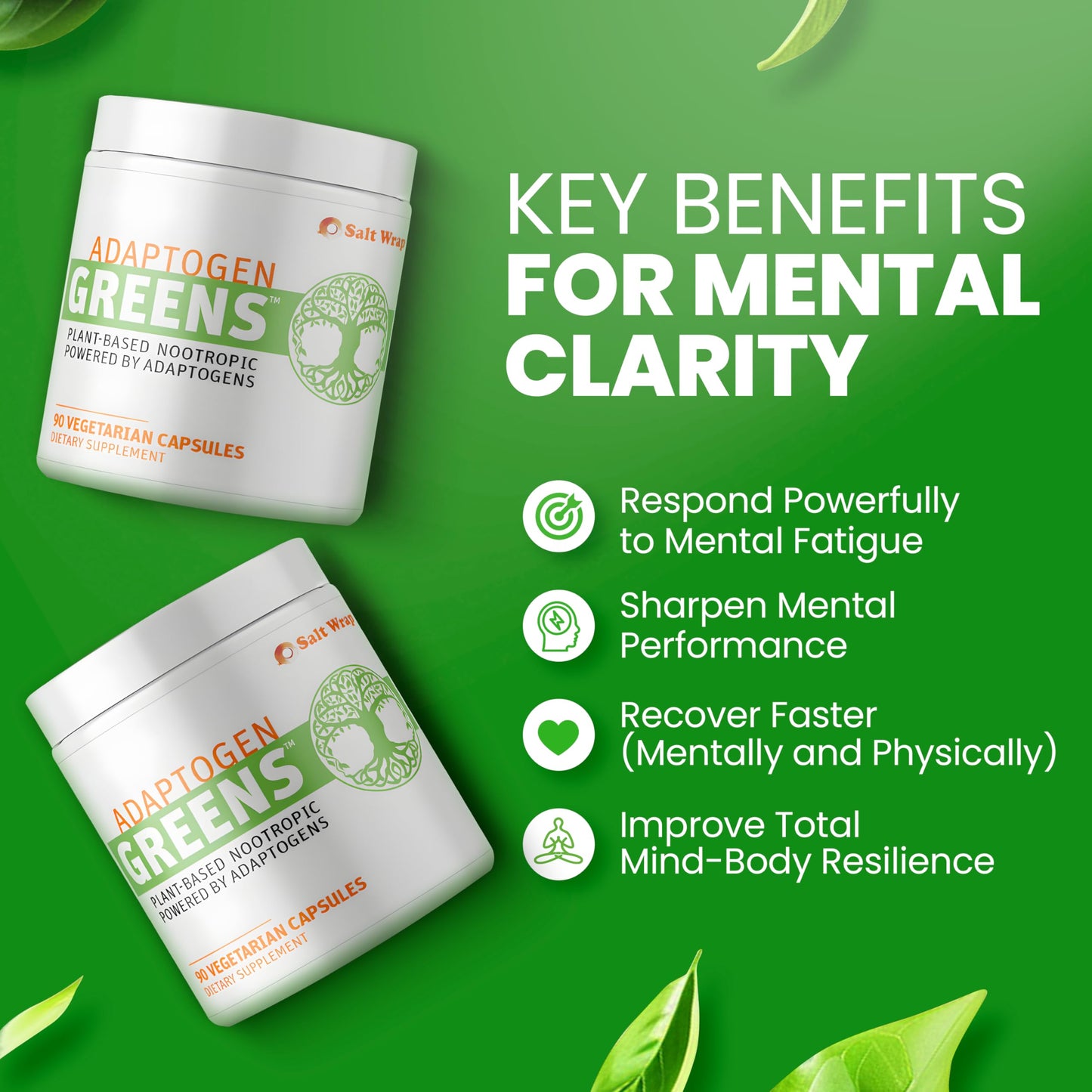 SaltWrap Adaptogen Greens Mind-Body Resilience Formula - Caffeine-Free Nootropic for Stress, Focus, and Cognitive Performance, 90 Capsules