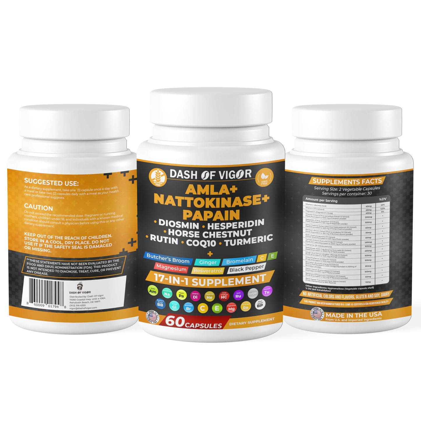 DASH OF VIGOR DOFV Amla Extract, Nattokinase, Papain, Diosmin, Hesperidin, Butchers Broom, Horse Chestnut, CoQ10, Turmeric, Vitamin C and Rutin, 60 Capsules