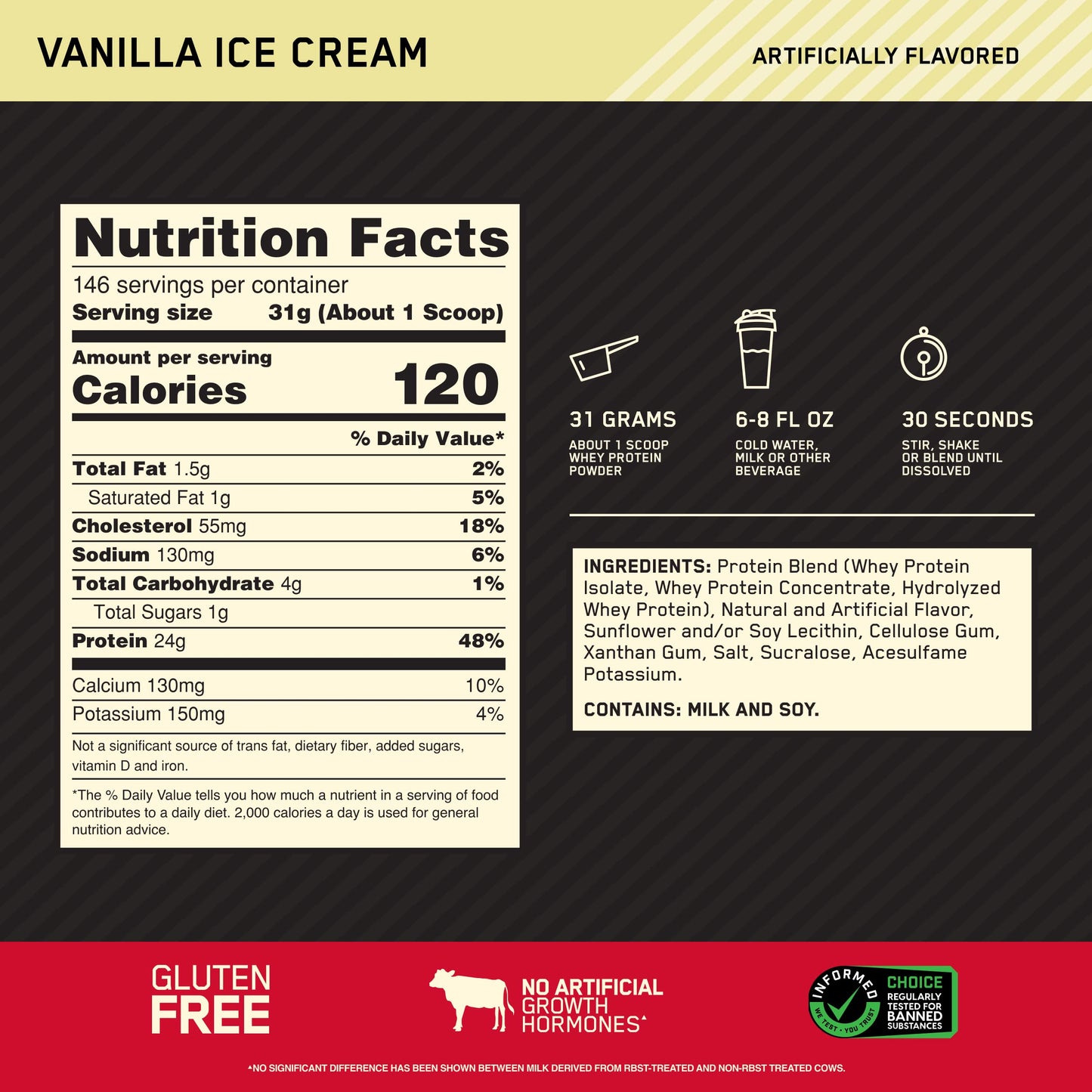 Optimum Nutrition Gold Standard 100% Whey Protein Powder Vanilla Ice Cream, 9.98 lb, 146 Servings